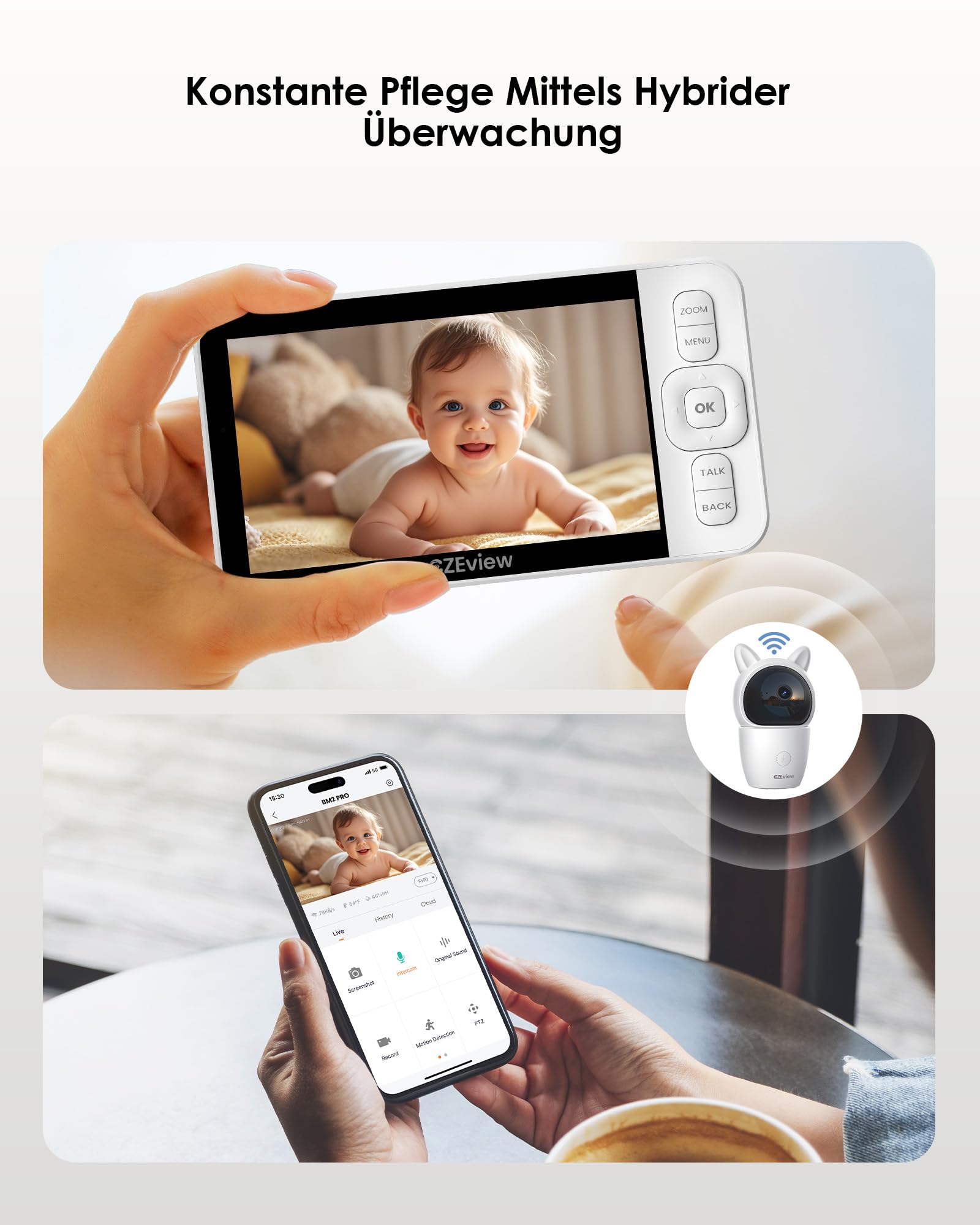 CZEview Babyphone mit Kamera, 2K/5,0" HD WLAN Video Babyfon mit App, 360°, 4× Zoom, Nachtsicht, Automatische Verfolgung, Weinen/Bewegungs/Geräuscherkennung, Temperaturanzeige
