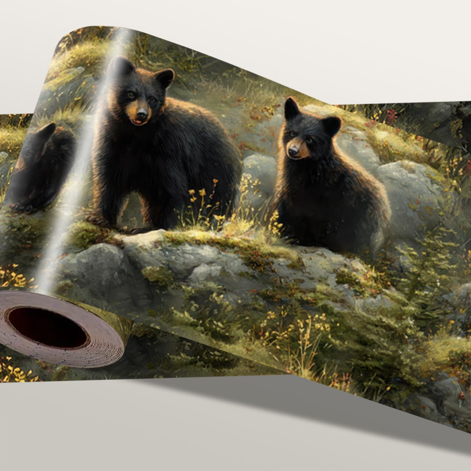 Tapeta z motywem niedźwiedzia, lasu, 400 x 10 cm, usuwalna krawędź ścienna, odklej i przyklej, dzika przyroda, wzór z czarnymi niedźwiedziami, drzewami, rzeką, skałami, do sypialni, łazienki