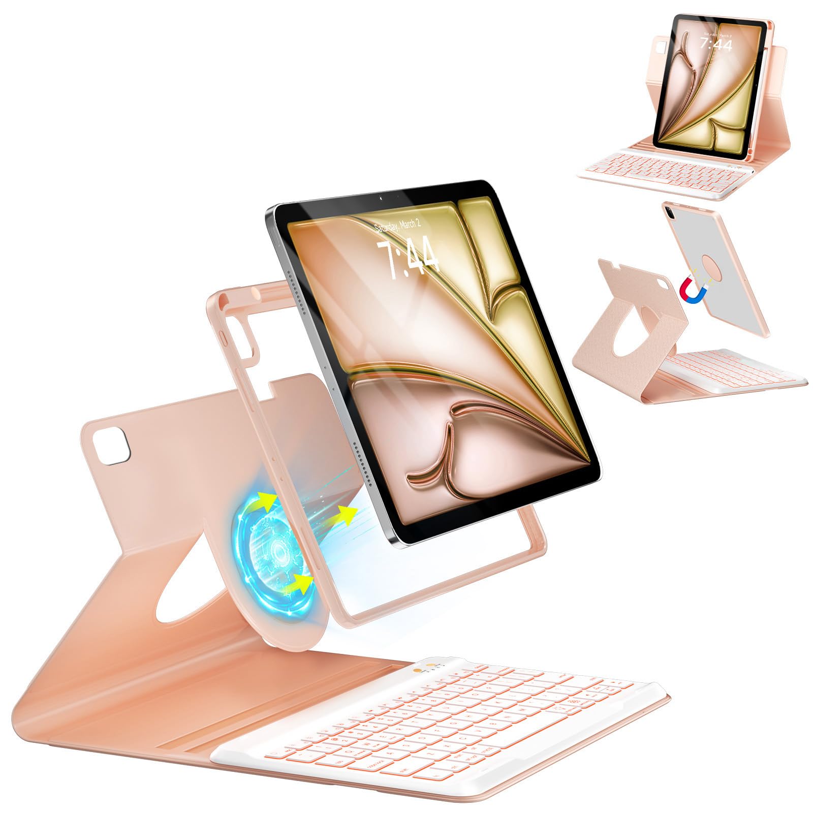 OYEEICE Keyboard Case for iPad Pro 12.9 inch 6th Gen 2022, 5th 2021, 4th 2020, Rotating Detachable Clear Cover with 7 Colorful Backlit Keyboard