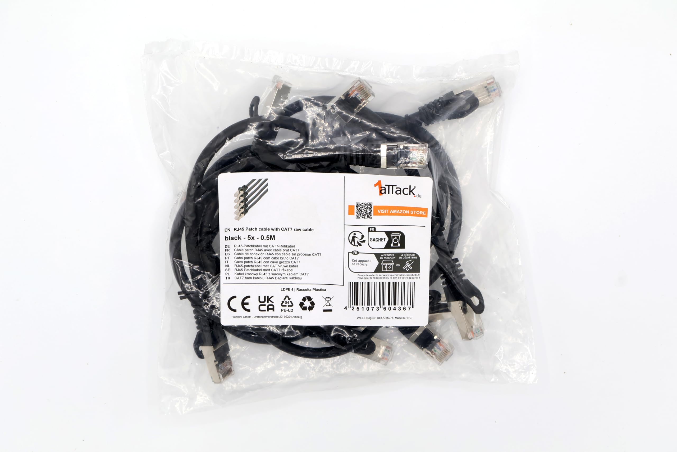 1aTTack.de 0,5m - noir - 5 pièces - Câble Réseau Ethernet Cat.7 Cat 7 10 GB/s SFTP PIMF LSZH - RJ45 Ethernet Switch LAN DSL Routeur Modem - 2