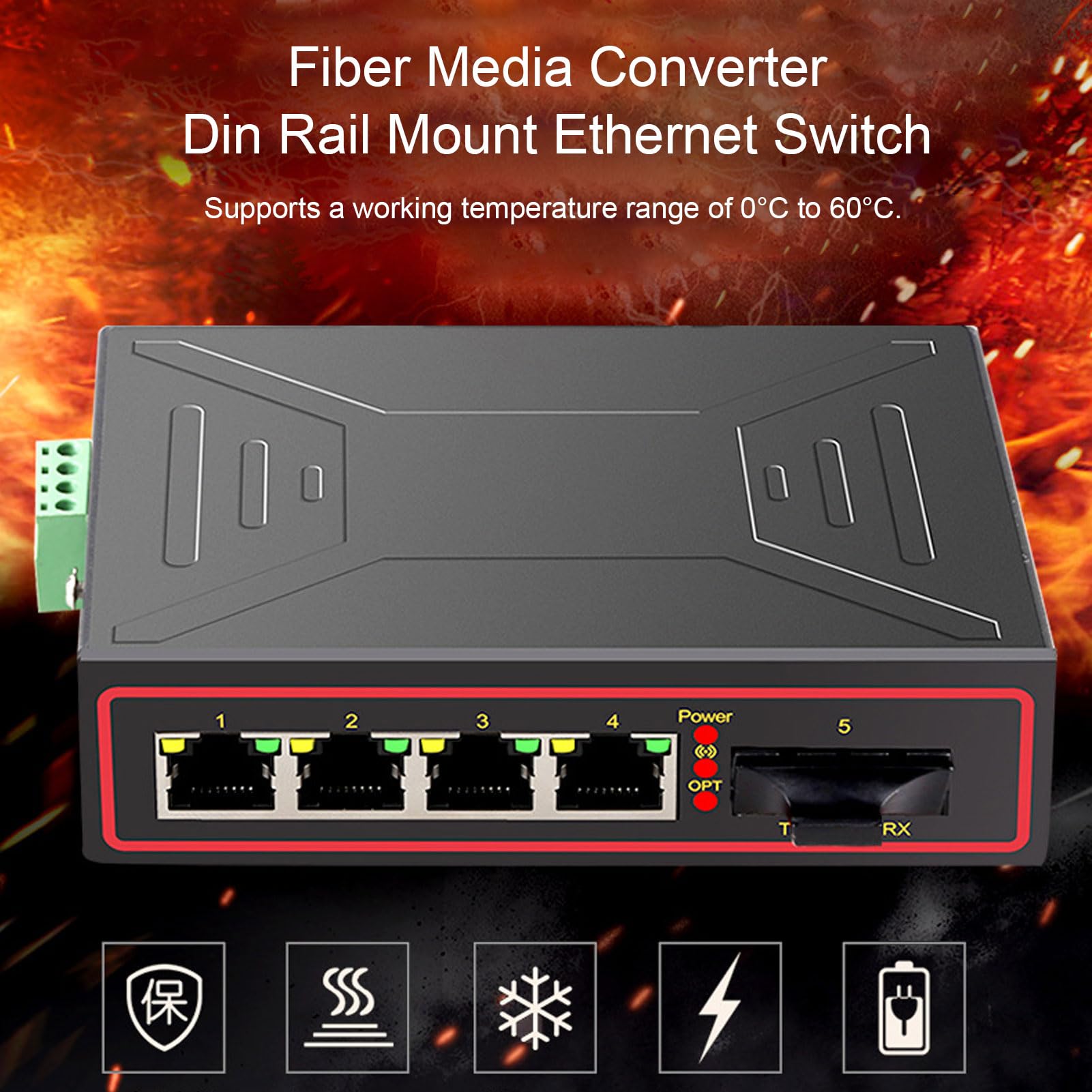 Bewinner Commutateur Ethernet Industriel 1 Port Optique 4 Ports Ethernet Convertisseur de Média Fibre 10/100 Mbps Montage sur Rail DIN, Emplacement Plug and Play Gigabit SFP Transmission Longue