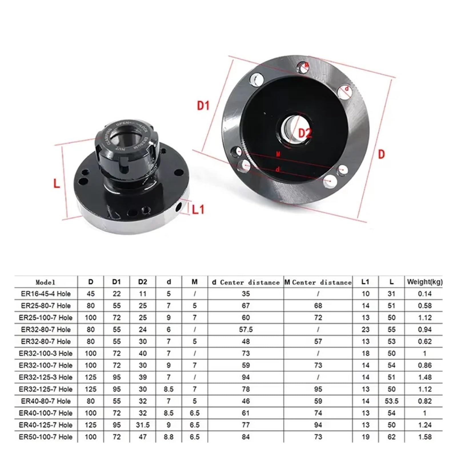 mini uchwyt z kołnierzem i czterema osiami, Tokarka CNC z tulejką zaciskową serii ER 0,005 mm Narzędzie do wytaczania o dokładności 45 mm-125(Er32-d100 (3 Holes))