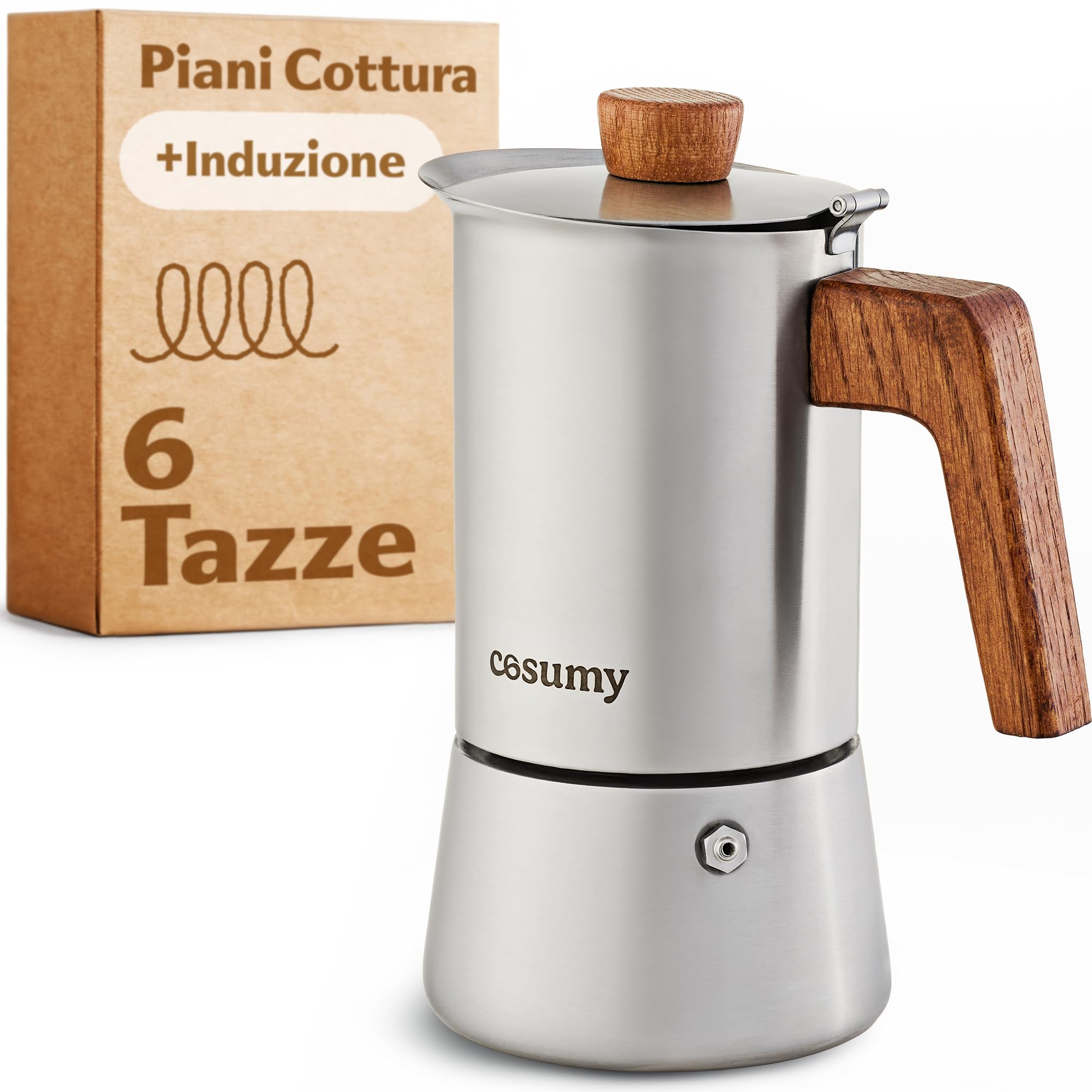 Cosumy Caffettiera Induzione Moka 300ml - Tutti gli tipi di fornelli - 6 Tazze - in Acciaio Inox e Quercia Sostenibile - Manico Anti Scottatura - Express Caffettiera