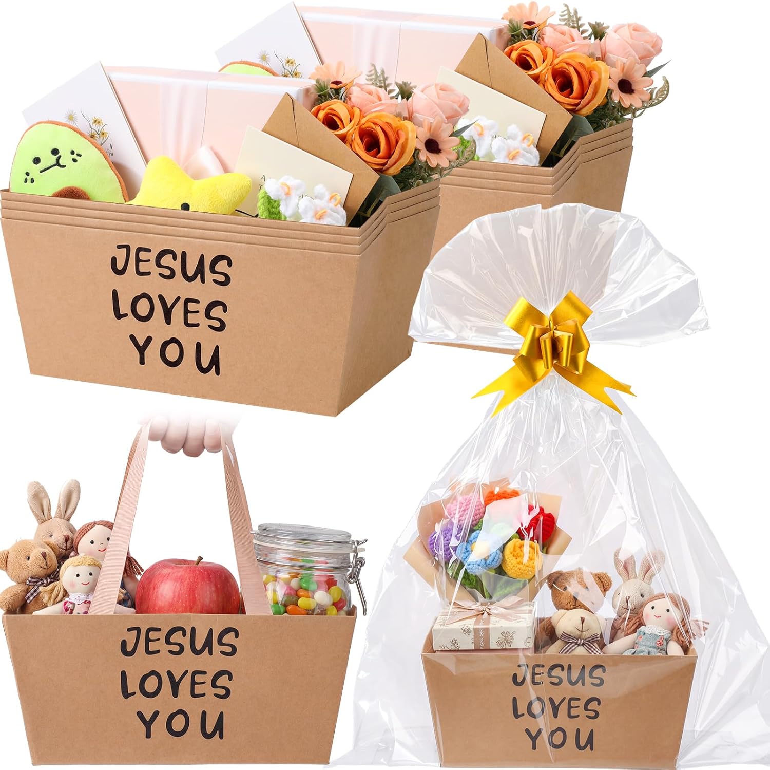 12 Pcs Christian Wedding Basket for Gift Empty Jesus Loves You Kraft Paper Baskets with Cellophane Bags & Pull Bows for Mother Day Baptism Christening Church Wedding Party Favors, 9.8 x 6.5''