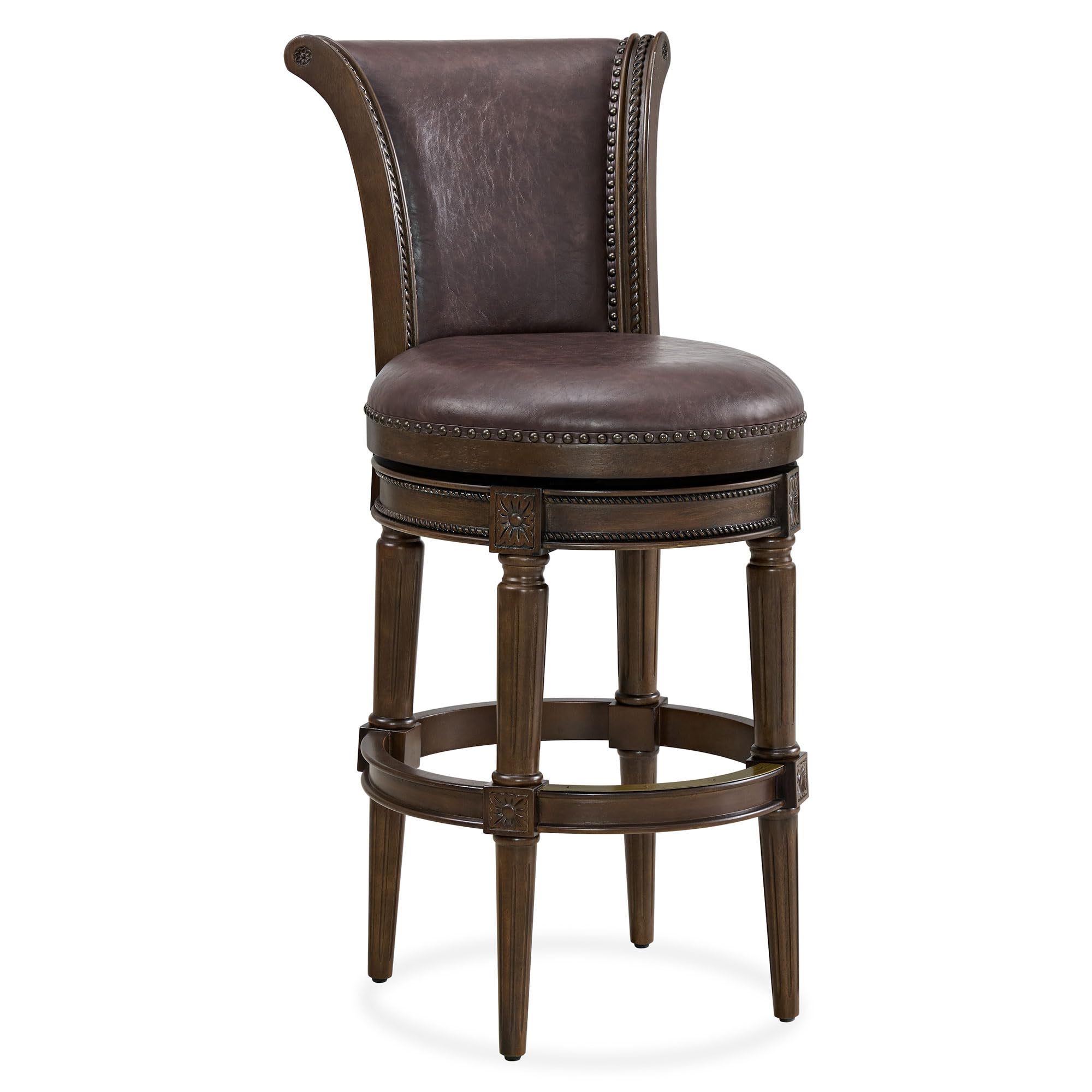 ROME + OAK Runyan 31" Swivel Bar Stool, High Back Barstool in Dark Walnut Finish with Vintage Brown Vegan Leather Seat