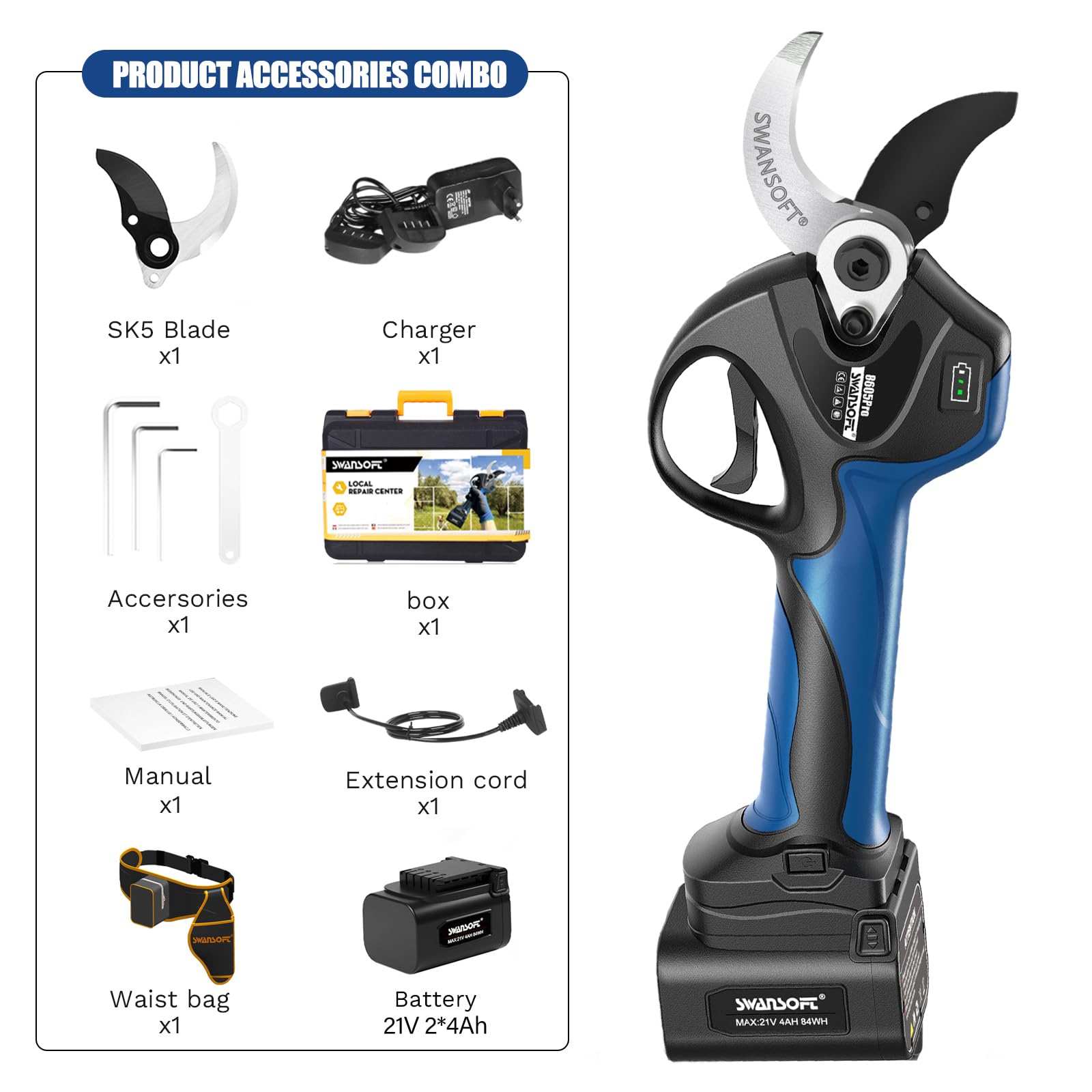 SWANSOFT 8605PRO 40mm Tijeras de Poda Eléctricas Profesional, 21V 4A 1050W | progresivo función, poda de viñedos, agricultor