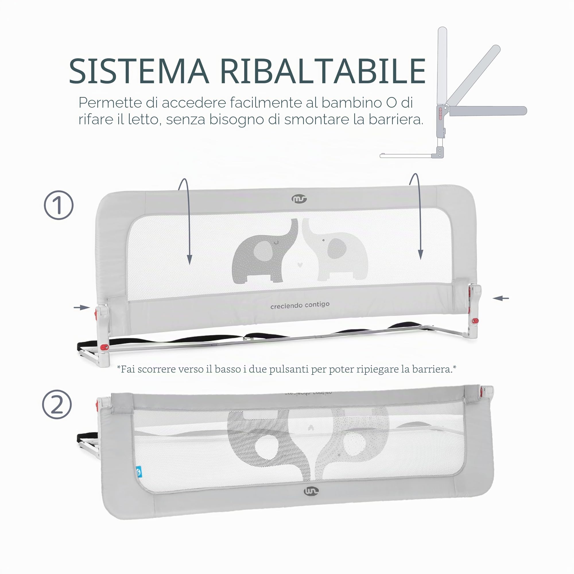 ms BabyWorld - Sponda per letto Baby Nest da 150 cm - Sponda di sicurezza pieghevole con 2 altezze regolabili, protezione anticaduta per lettino per bambini piccoli o adolescenti