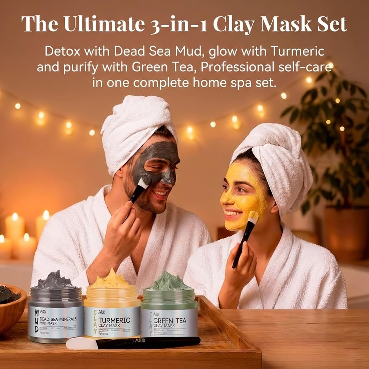 ANAI RUI 3 Pcs Face Mask Set - Turmeric Clay Mask - Green Tea Face Mask - Dead Sea Mud Mask for Oily Skin, Blackheads & Pores -Spa Gift Set Self Care for Women Teens(2.5 oz Each - Image 2