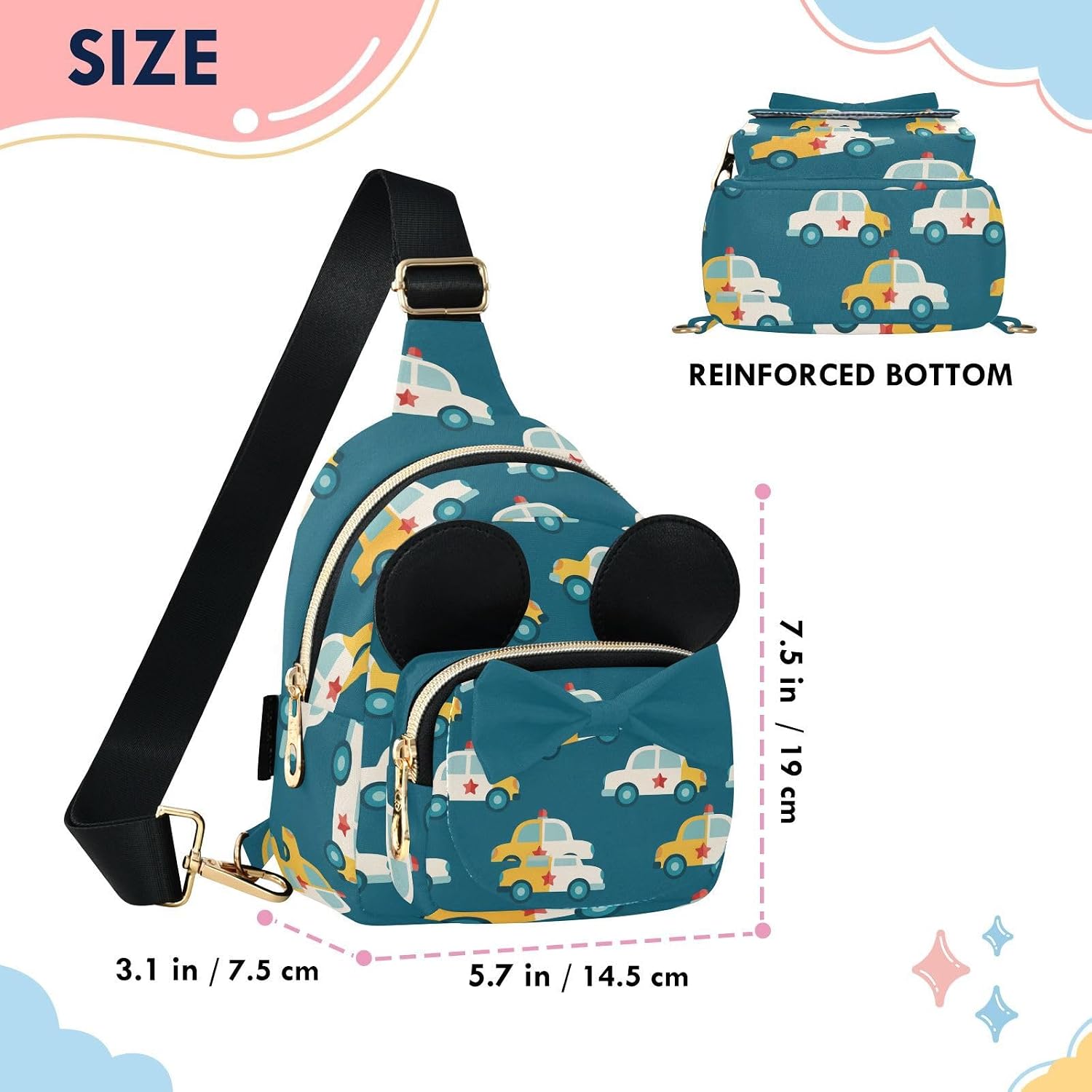 Sinestour Cars Kids Sling Bag for Girls, 5.7"x7.5"x3.1" | Crossbody Fanny Pack, Toddler Purse, Cute Sling Belt Bag with Ears, 2L Small Shoulder Chest Bag for Travel