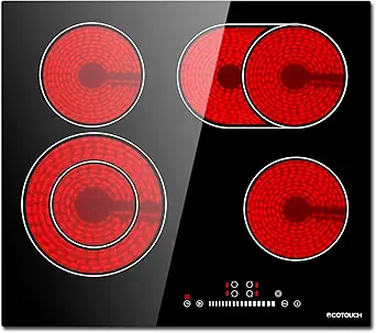 ECOTOUCH Electric Cooktop 24 inch, 4 Burner Stove Top, Radiant Electric Cooktop with Kid Safety Lock, Timer, 9 Heating Levels, 6800W, 220-240V for Hard Wire (No Plug)