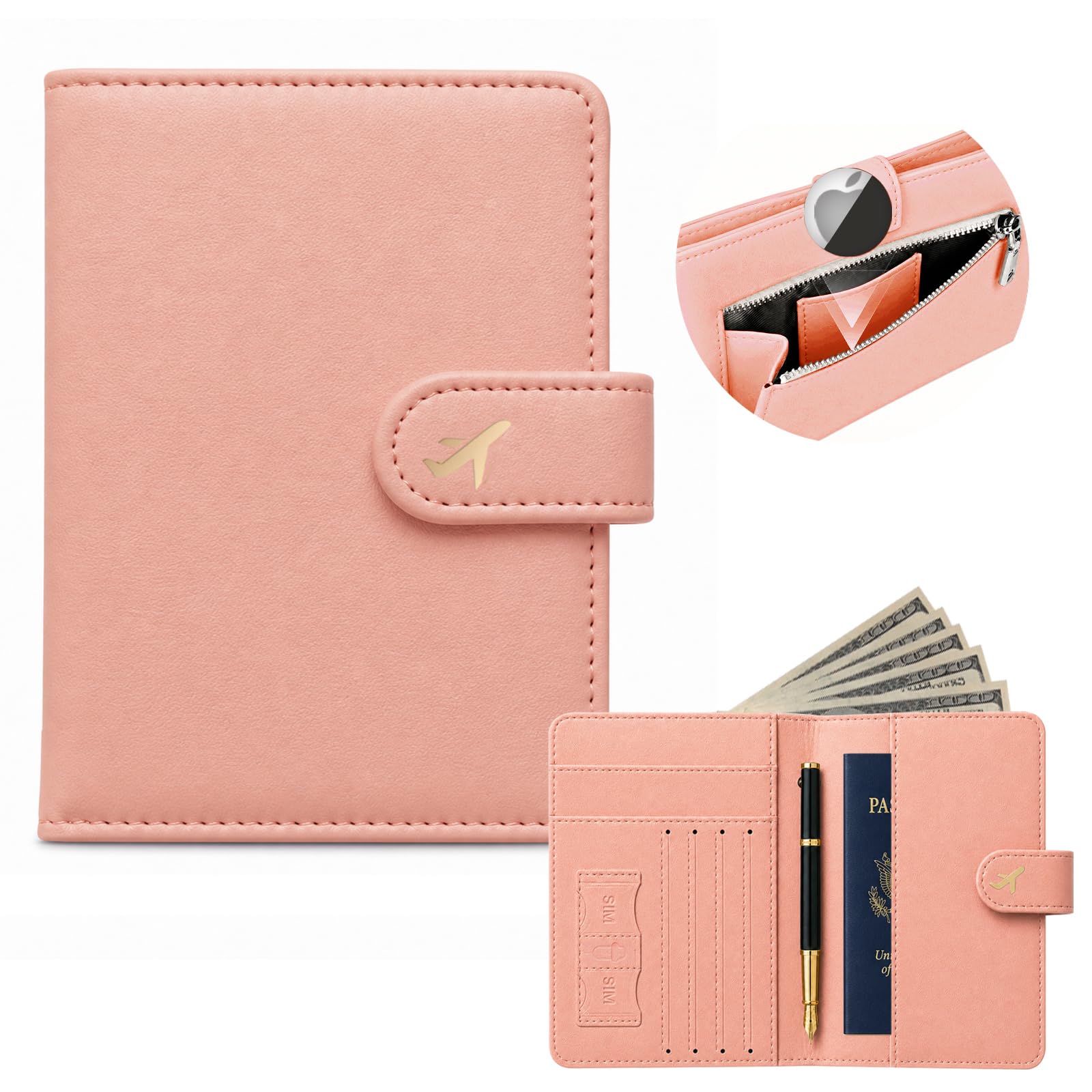 Porta passaporto con blocco RFID con slot AirTag, portafoglio da viaggio magnetico in pelle con portapenne, tasca per contanti, graziosa custodia per passaporto per donne e uomini, elementi