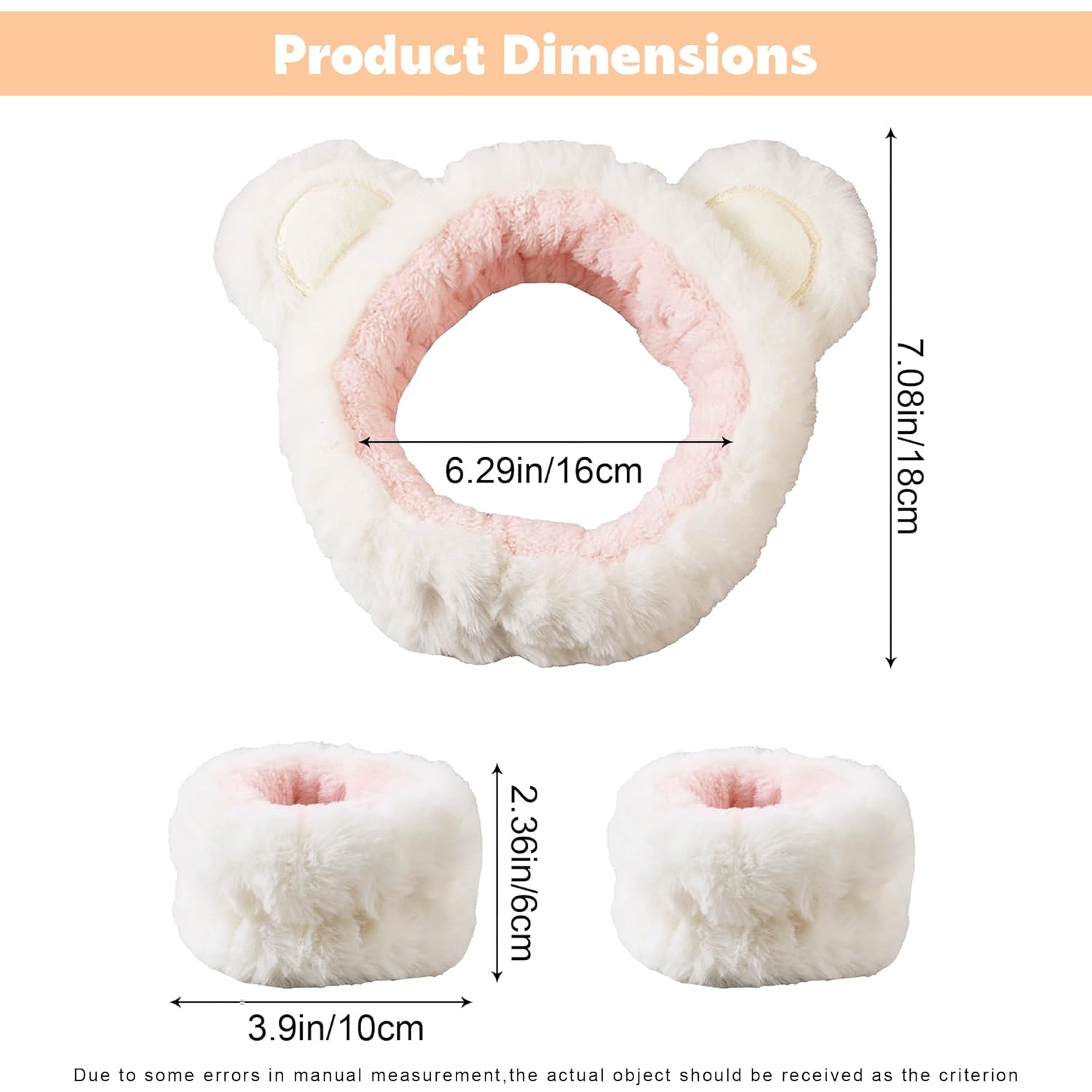 Face Wash Headband and Wristband Set, 3 Pcs Skincare Headbands and Wristband Set 1 Face Wash Headband 2 Face Wash Wristbands, Cute Animal Ears Plush Headbands for Washing Face (White Bear, 1) - Image 2