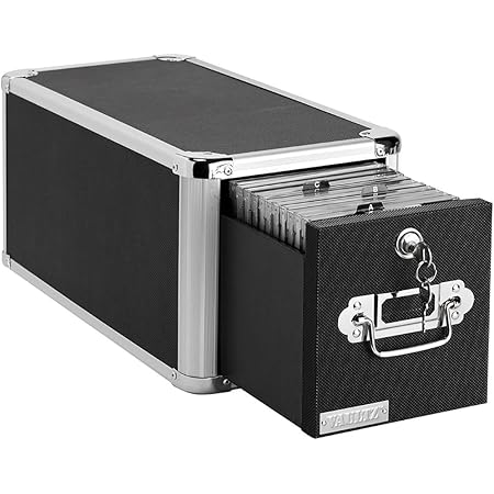 Vaultz CD Case Holder-File-Cabinet CD-Rack w/ 1 Drawer and Key Locks, 8 x 14.5 x 15.5 Inch DVD Organizer and CD-Storage-Box - Black