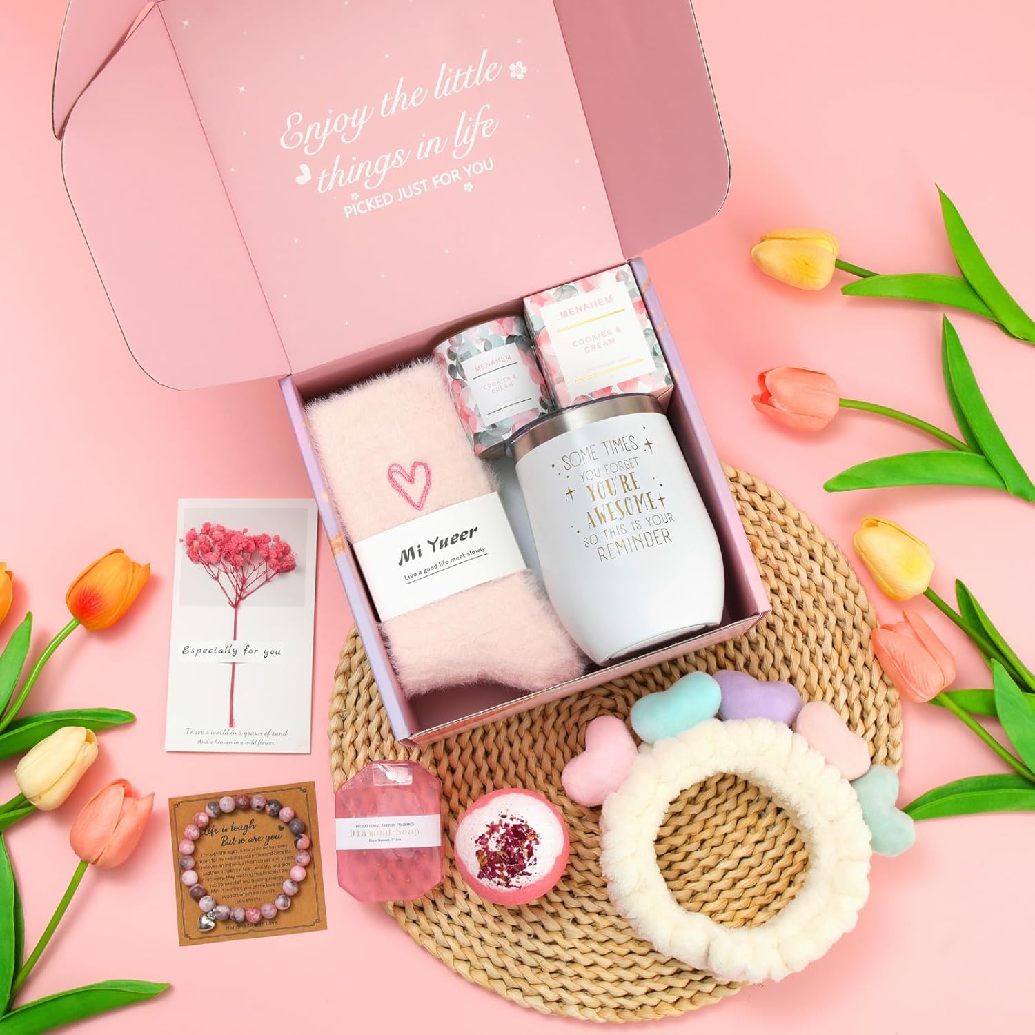 Happy Birthday Gifts for Women, 9pc Get Well Baskets, Pink Self Care Package Relaxing Spa Bath Thinking of You Gift Set for Gf Sister Friend Nurse Daughter Teacher Mother Christmas - Image 8