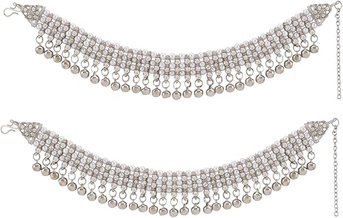 Miniatura 6 de Efulgenz Silver Anklets with Crystal & Faux Pearl - Indian Women's Bell Anklets & Ghungroo Ankle Bracelets