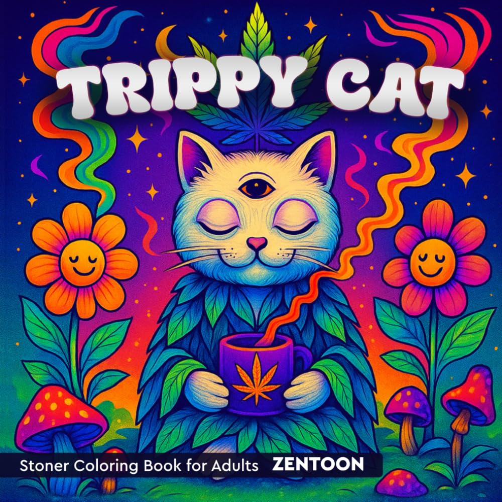 Trippy Cat Stoner Coloring Book for Adults: Trippy Mushrooms, Psychedelic Cat Coloring Book for Stress Relief Art Therapy