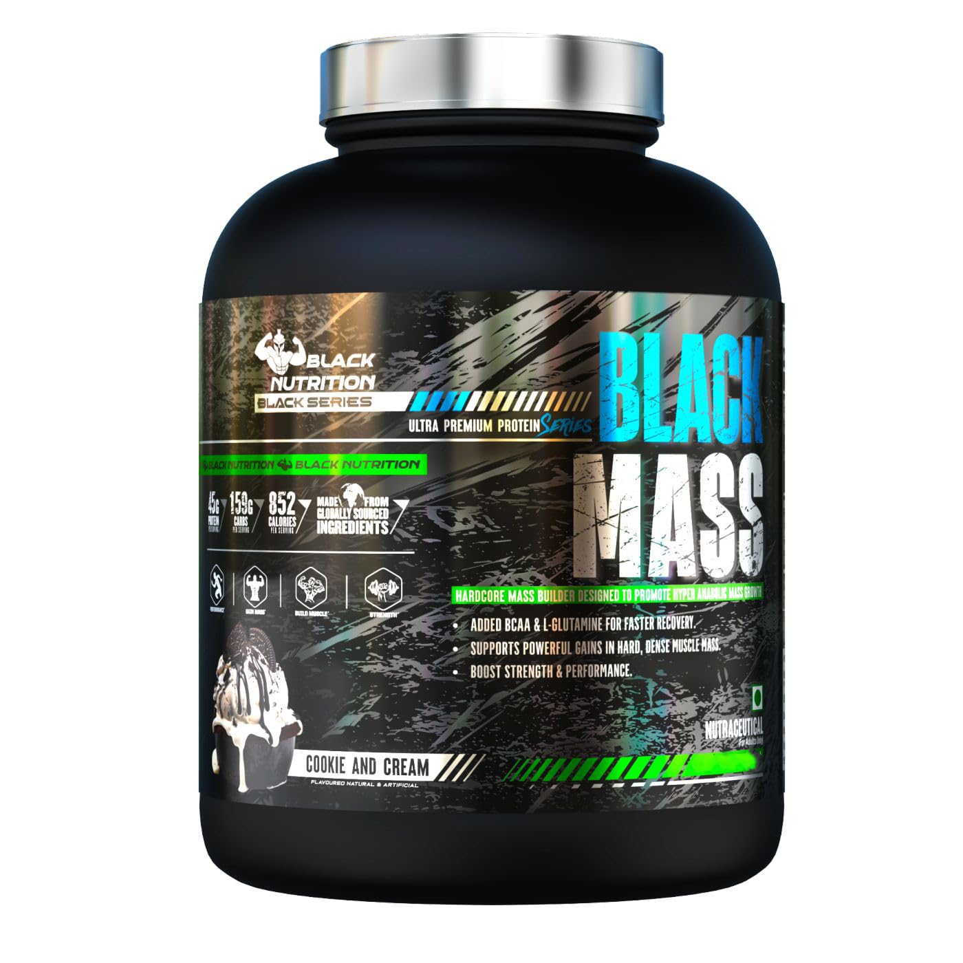 Black Nutrition Mass Gainer, High Protein Muscle Mass Gainer with 45 G Protein, 159 G Carbs and 852 Calories, Gain Strength & Size | Next generation Weight Gainer for Men & Women [Cookies and Cream, 1 Kg]