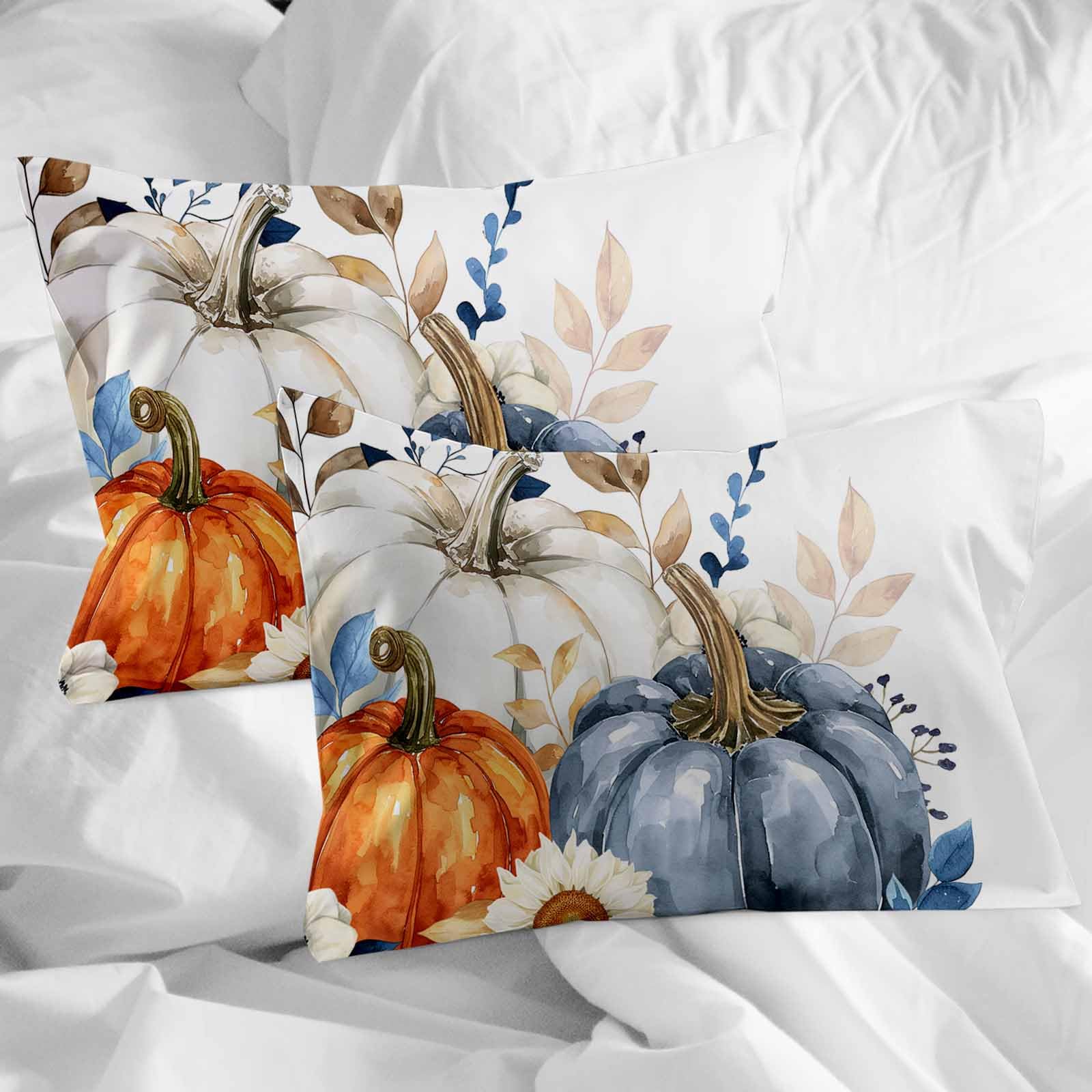 Queen Size Fall Bedding Set – Orange & Blue Pumpkin Thanksgiving Quilt Cover With Sheet & Pillow Shams, Breathable Microfiber