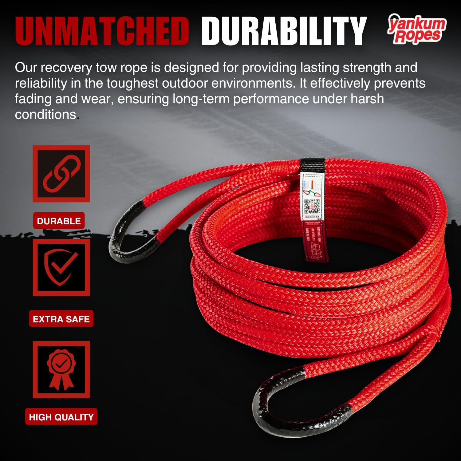 Yankum Kinetic Recovery Rope - Heavy Duty 1/2" x 20' Tow Rope, Off-Road & Vehicle Recovery, Kinetic Energy Ropes for 4x4, Jeep, and Trucks, Made in USA – Racer Series