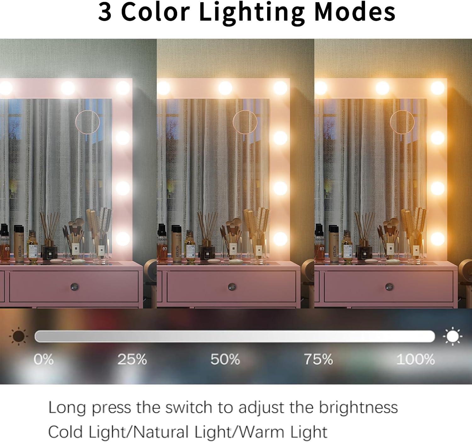 Close-up of the lighted mirror demonstrating the three color lighting modes (warm, natural, cool) and brightness adjustment.
