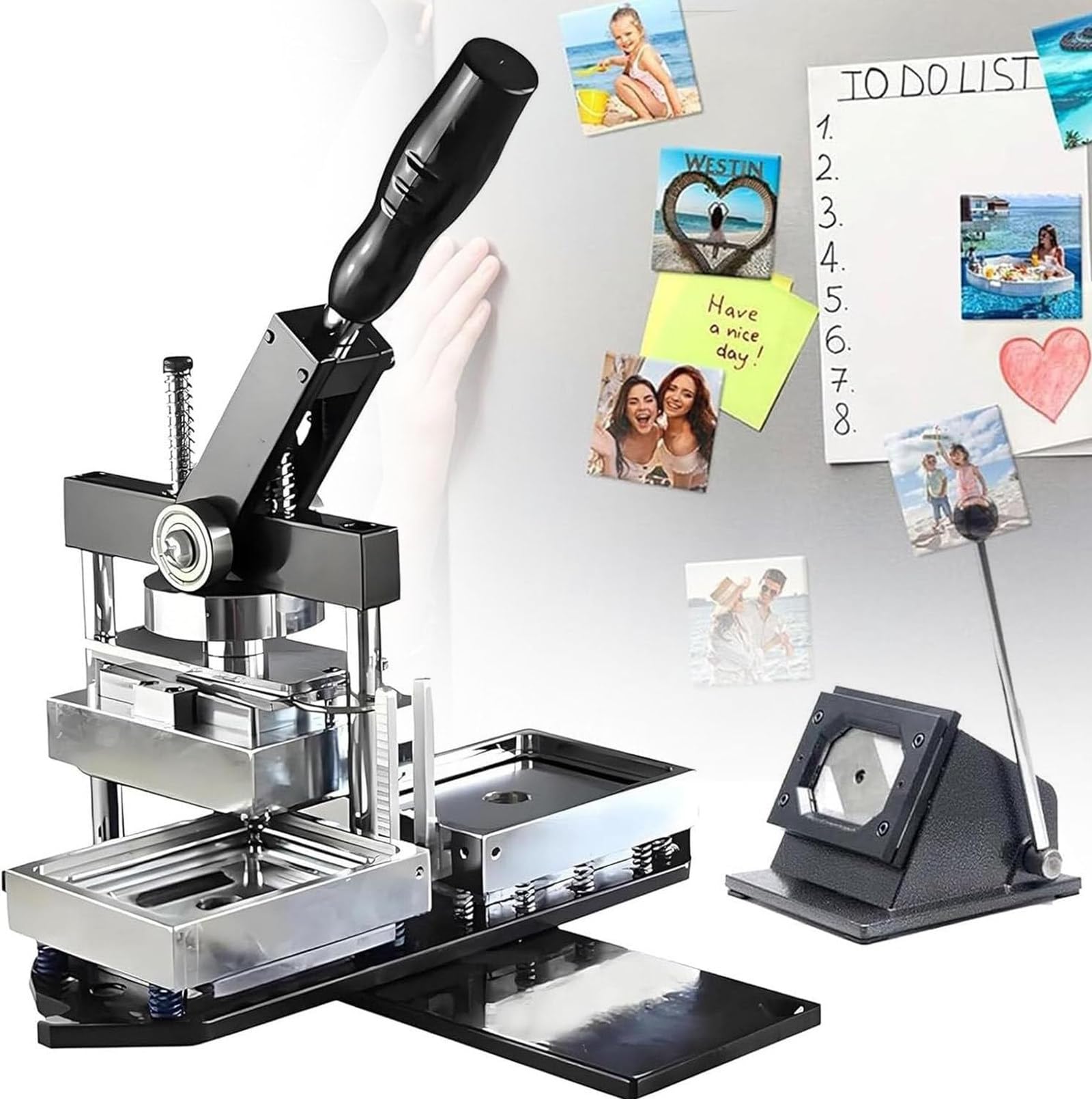 Juego de máquina para hacer botones para imanes de nevera, forma cuadrada de 3.1 x 2 pulgadas, incluye 100 suministros y cortador de papel para crear diseños de insignias personalizados