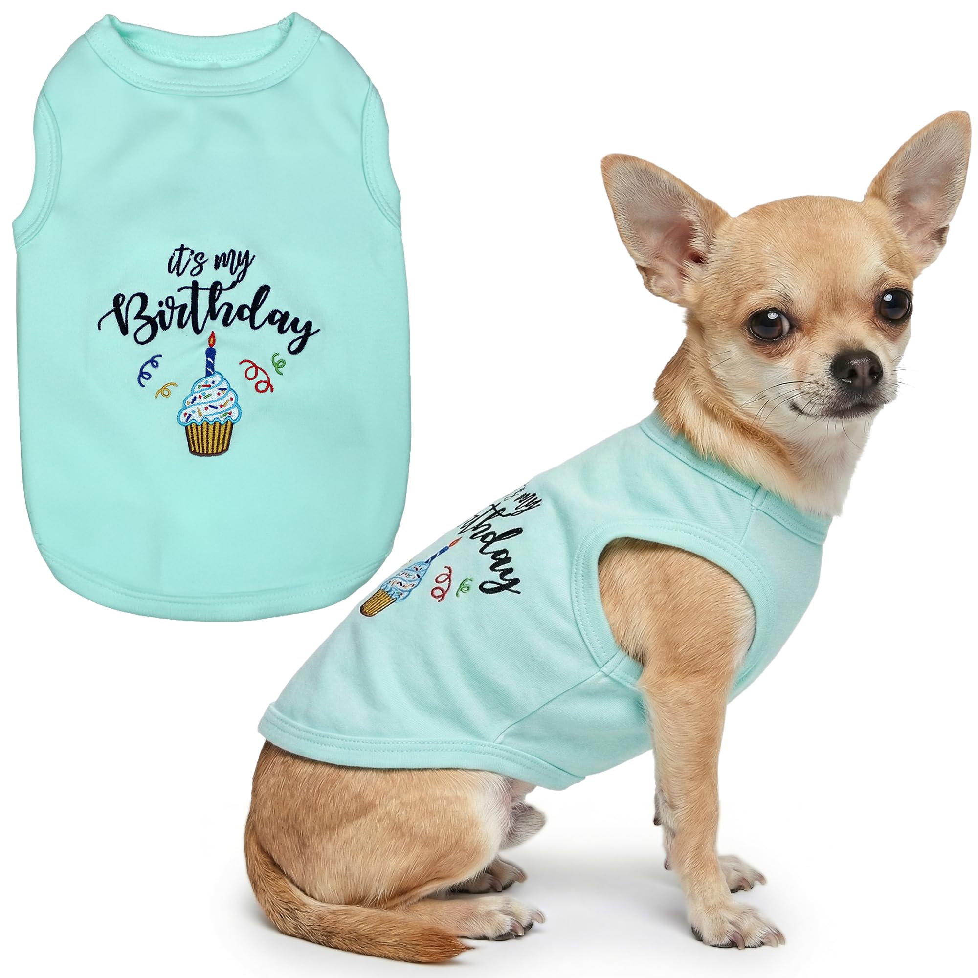 Parisian Pet Dog T-Shirt with Embroidered 'It's My Birthday' Words - Sleeveless Dog Birthday Shirt - Lightweight Pet Vest - Blue Tee Shirts for Small