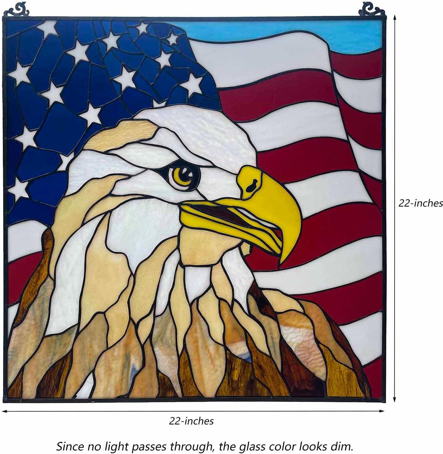 Bieye W10108 Bald Eagle with American Flag Tiffany-Style Stained Glass Window Panel, 22" Square, Patriotic Sun Catcher Hanging Window Decor