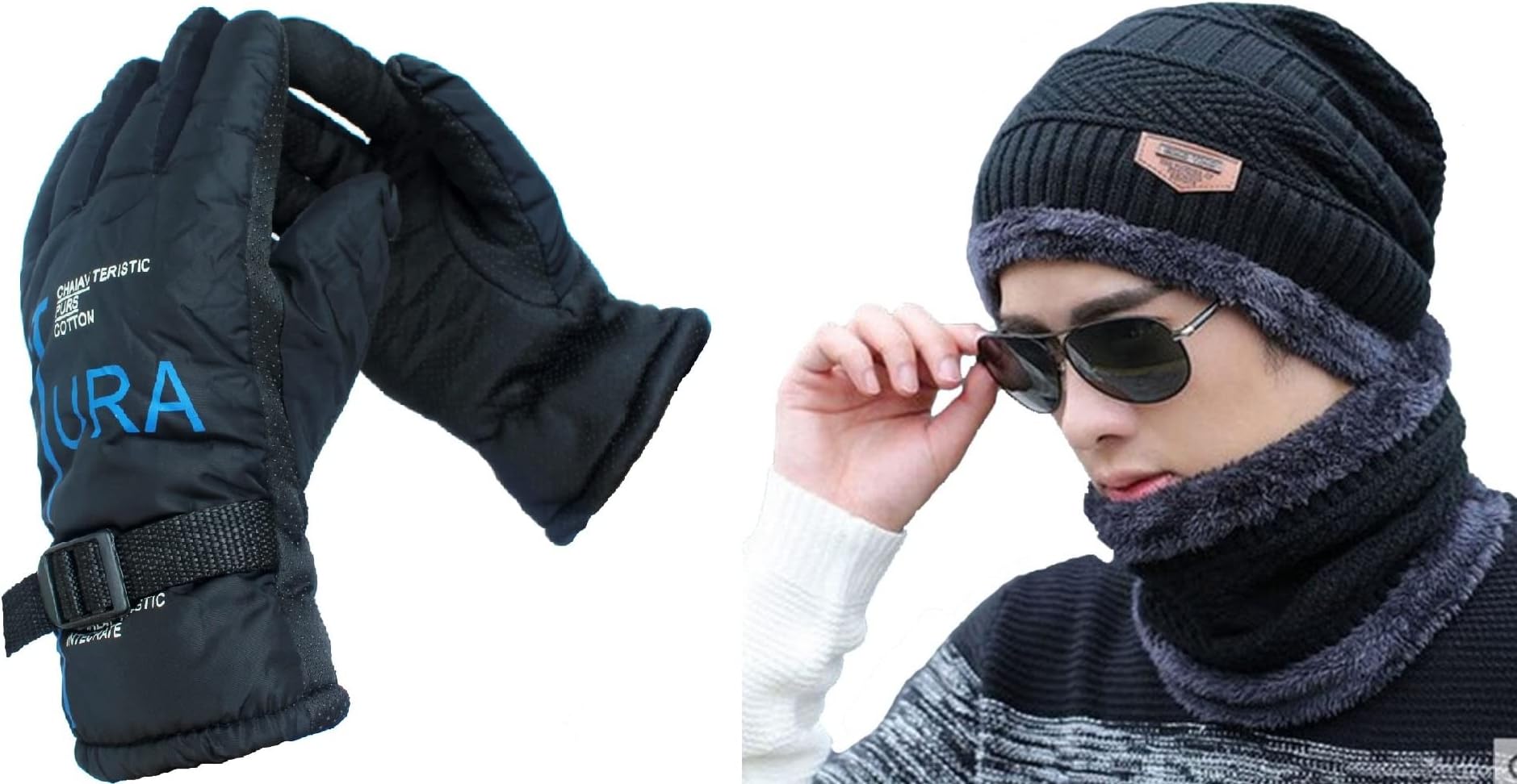 Alexvyan Anti Slip (Inside Fur) Snow and Wind Proof Soft Warm Winter Gloves for Riding, Cycling, Byke, Bike, Motorcycle for Men Boy (Blue Futura Gloves with Beanie Cap)
