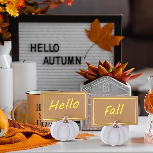 Miniatura 6 de Tradder 18 soportes para tarjetas de lugar de calabaza de otoño con papel de aluminio dorado, cosecha de Acción de Gracias, mini calabaza, tarjeta
