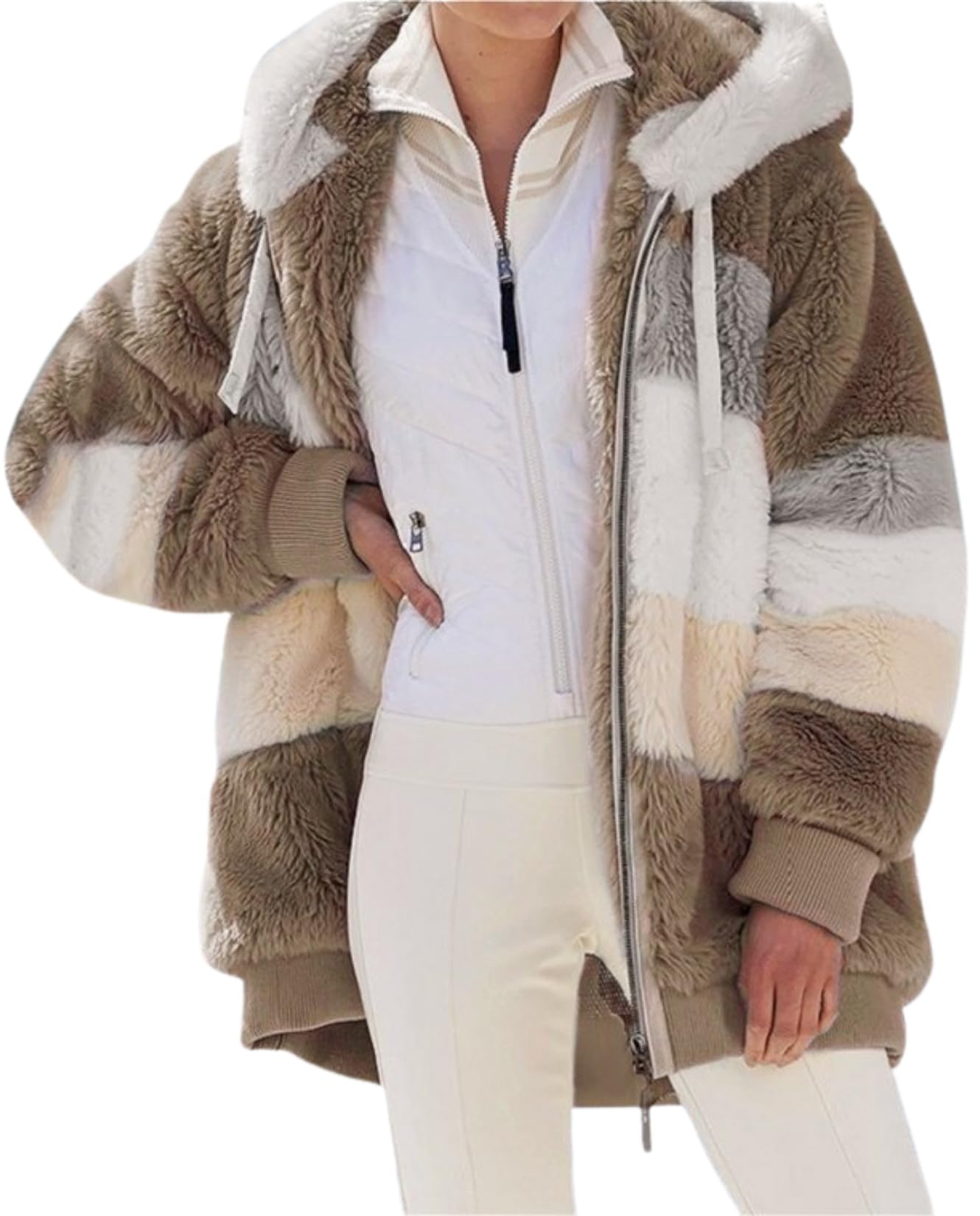 LIZALIG New Rcontrasting Lamb Wool Padded Coat Sherpa Hoodie Lined Jacket Women Faux Fur Shearling Fleece Zip Shacket