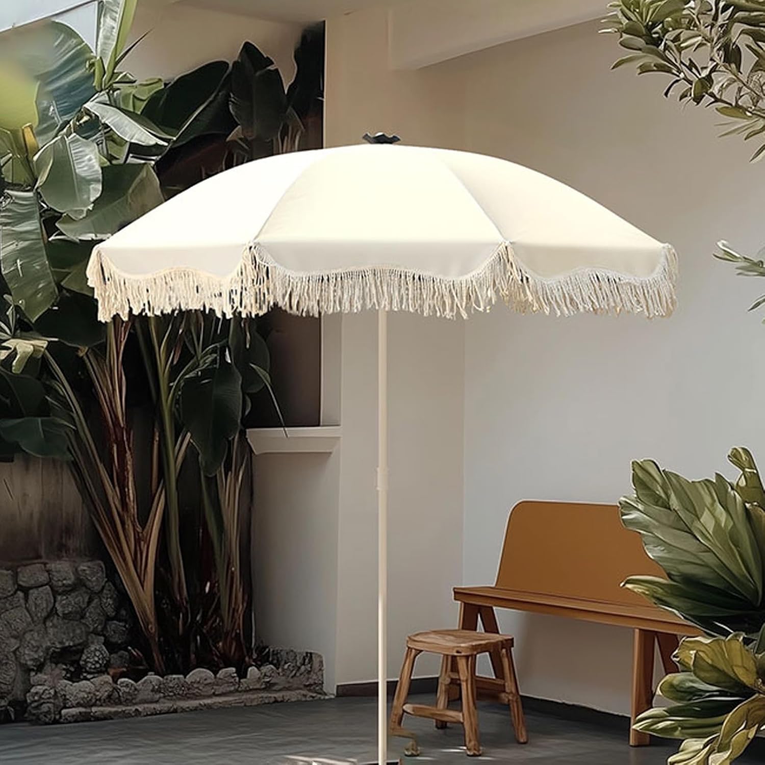 Beach Umbrella With Tassels, Boho Style Garden Parasol, Outdoor Tiltable Patio Umbrella With Carrying Bag, Tiltable Design, Base Not Included For Lawns, Swimming Pools