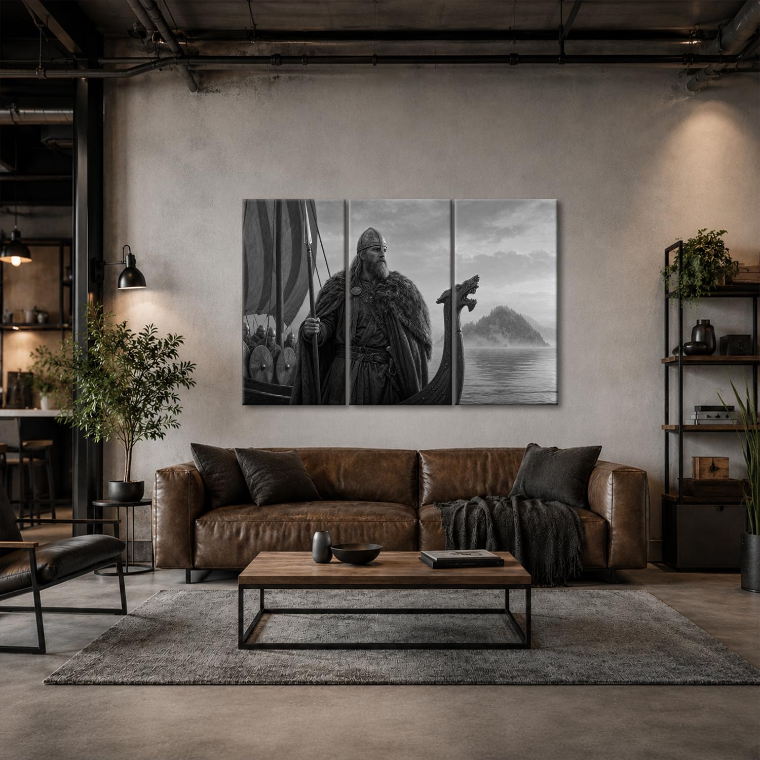 Obraz na płótnie Wikingowie na smoczej łodzi w wodzie 120 x 80 cm czarno-biały