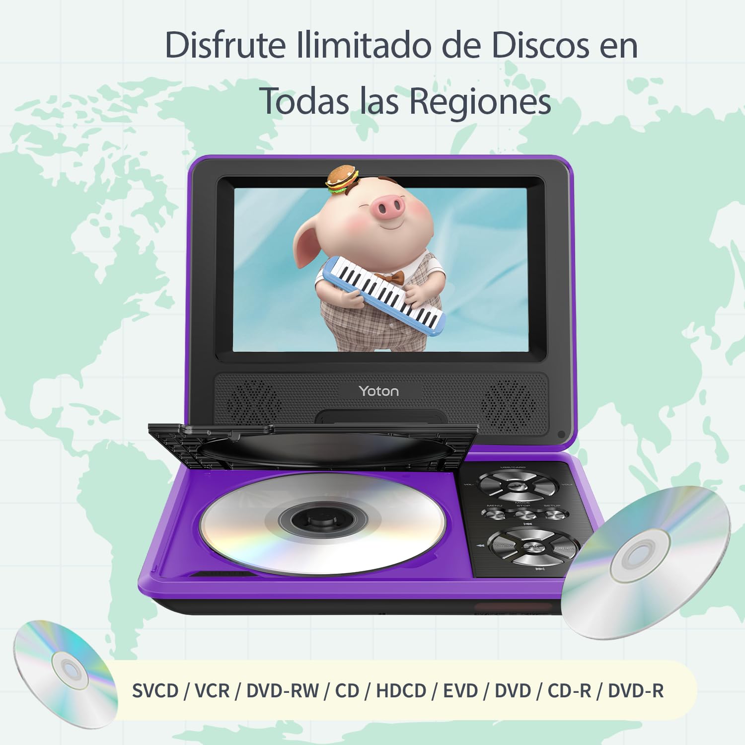 Yoton Reproductor de DVD portátil de 9,5 Pulgadas para niños con Pantalla giratoria HD de 7,5 Pulgadas, Altavoz estéreo, sincronización TV/USB/Tarjeta SD, Morado