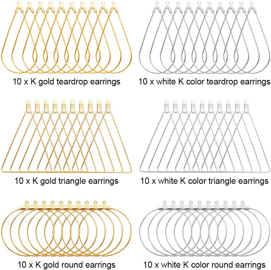 60pcs Earrings Beading Hoop Earring Finding Teardrop Earring Triangle Earring Round Hoop Earring for Jewelry Making DIY Crafts Art Creation Girl Gift