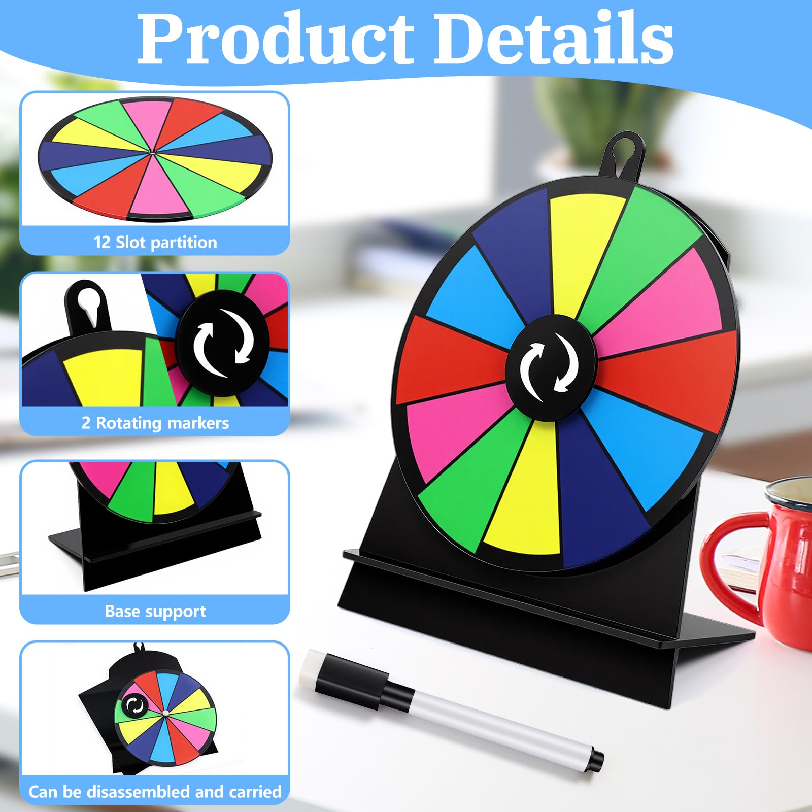 CYZBL 6 Inch Heavy Duty Spinning Prize Wheel with Stand, 12 Slots Fortune Roulette Game - Image 3