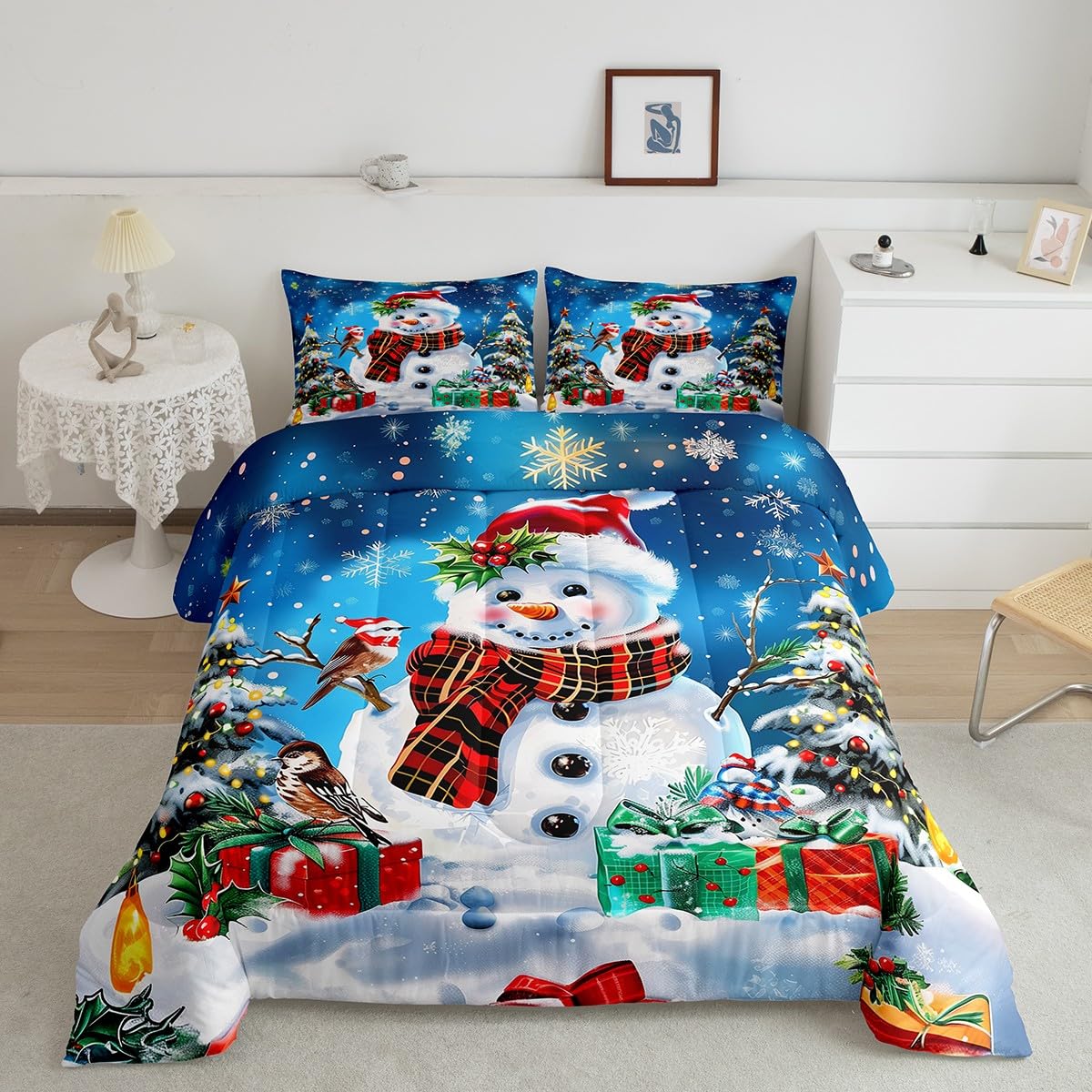 Christmas Snowman Bedding Set - Toddler Winter Duvet Cover With Pillowcase, Snowflake & Tree Design