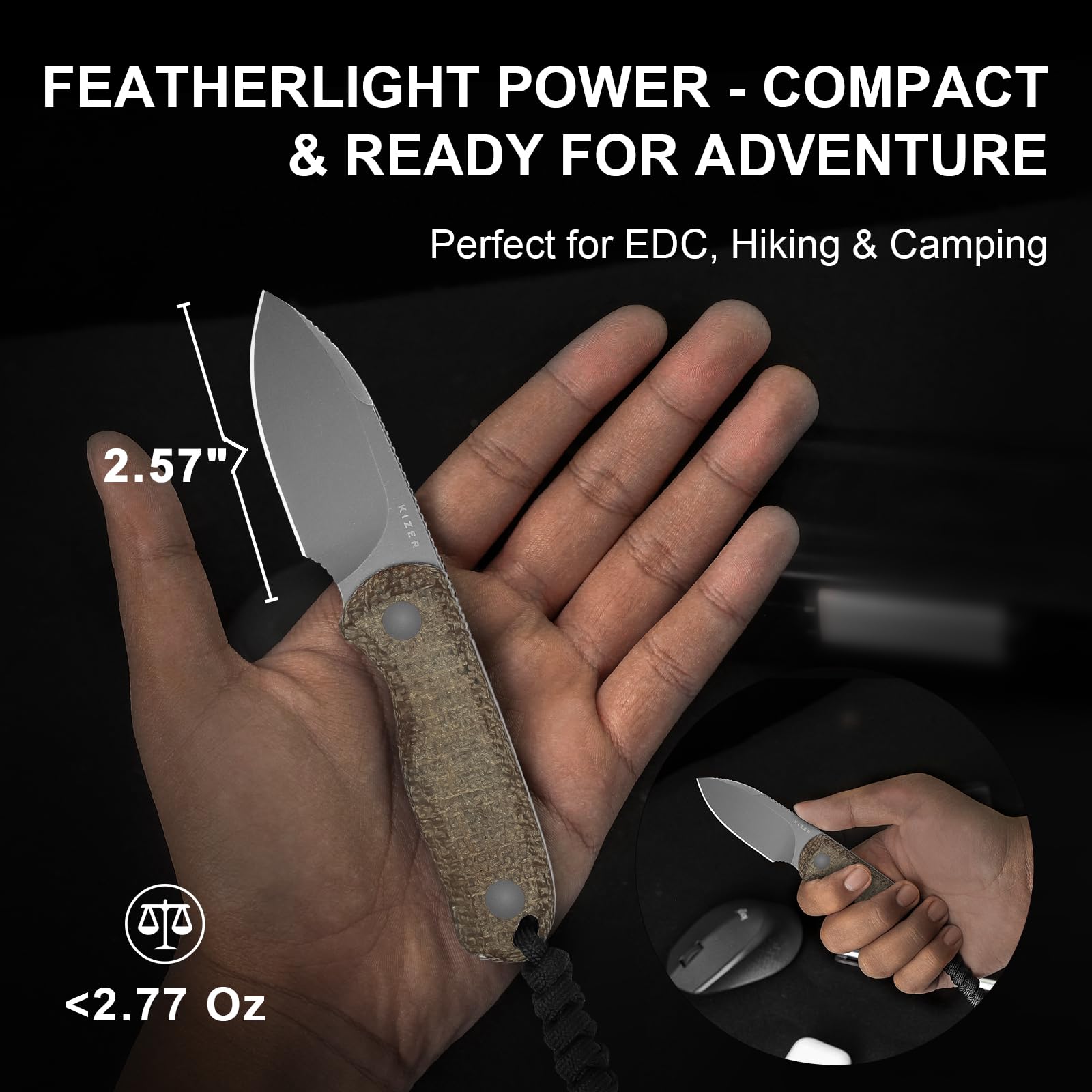 Kizer Drop Bear Fix Couteau de Camping, Lame Fixe EDC 2,57" en 14C28N avec Manche en Micarta Jute, Couteaux de Randonnée à Soie Pleine avec Étui Kydex Réglable, 1094A1