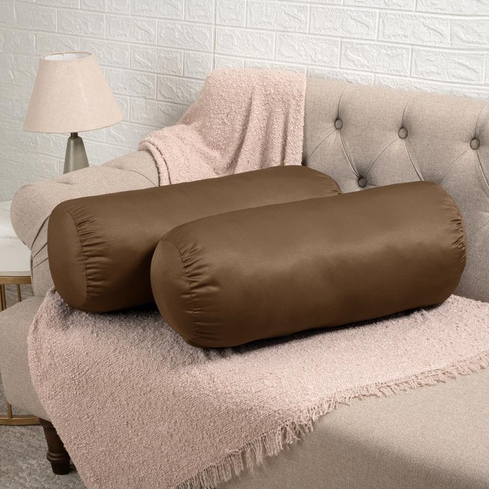 Wakefit Soft Bolster Pillow | Set of 2 | 25x10 Inch | Hollow Fiber Filling & 100 GSM Peach Finished Fabric | Machine Washable Pillow | for Bed, Sofa & Diwan | Brown