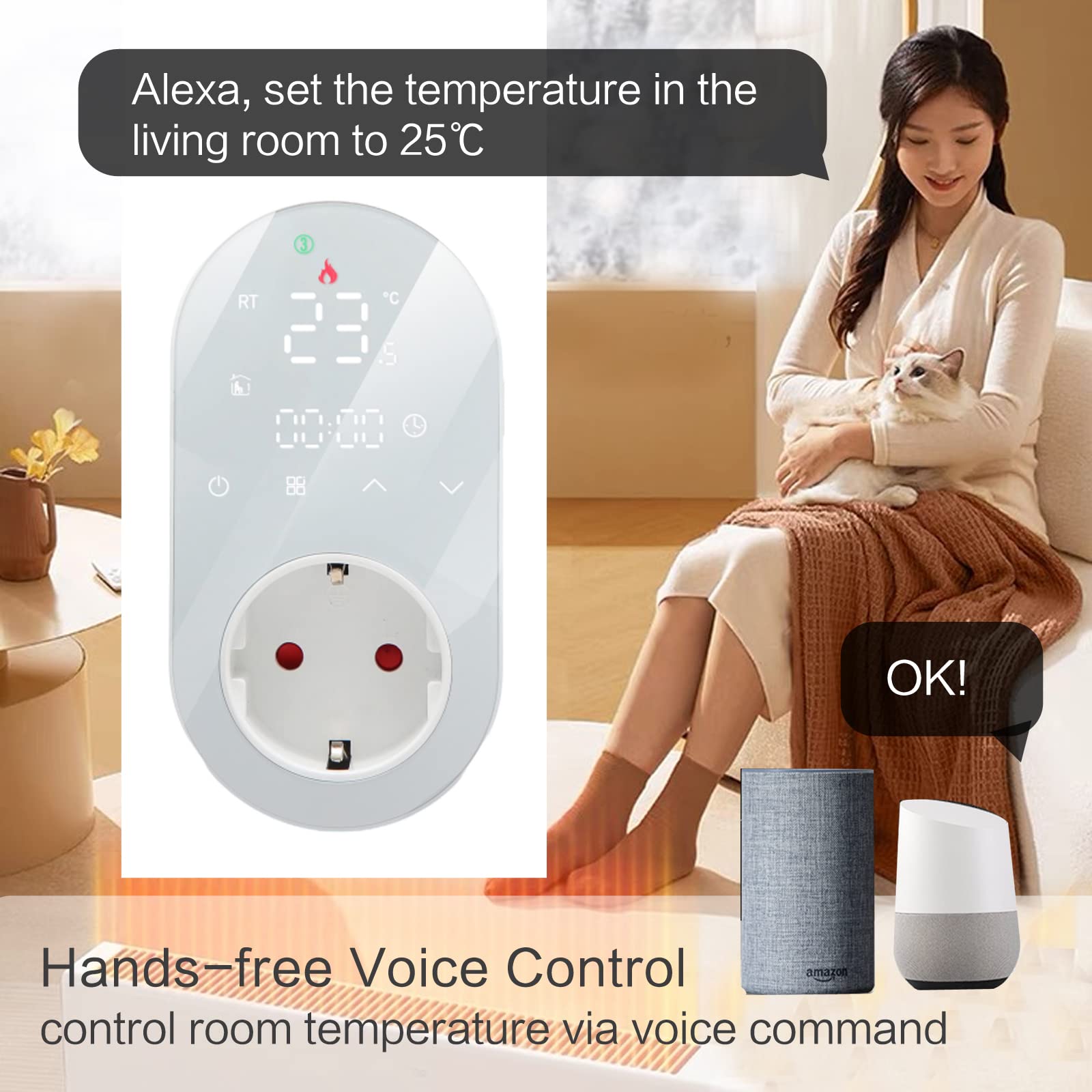Presa Termostato Digitale di Raffreddamento e Riscaldamento, Termostato con Sonda,Presa con Termostato Wifi Alexa,Termostato Ambiente Programmabile,Cronotermostato Smart Wifi