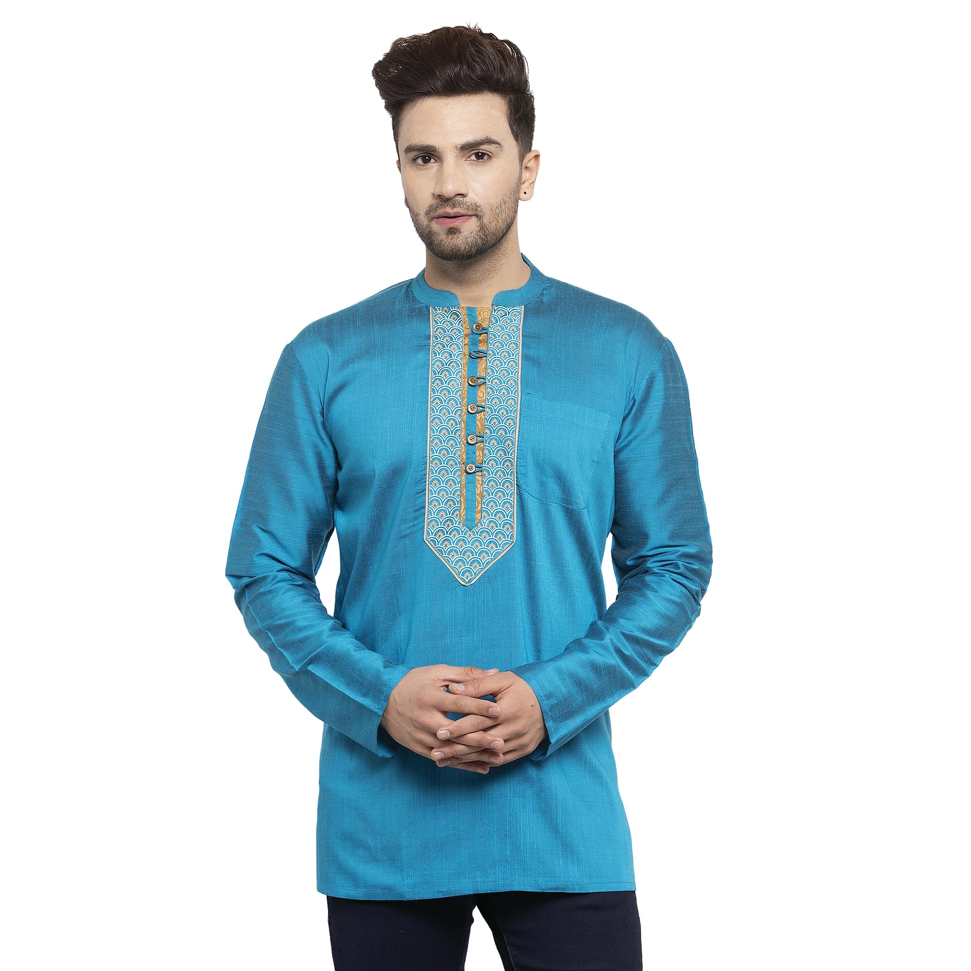 Men’s Blue Cotton Silk Full Sleeve Kurta | Slub Textured with Printed Neckline | Regular Fit Mandarin Collar | Button Closure | Hip Length-picture-44