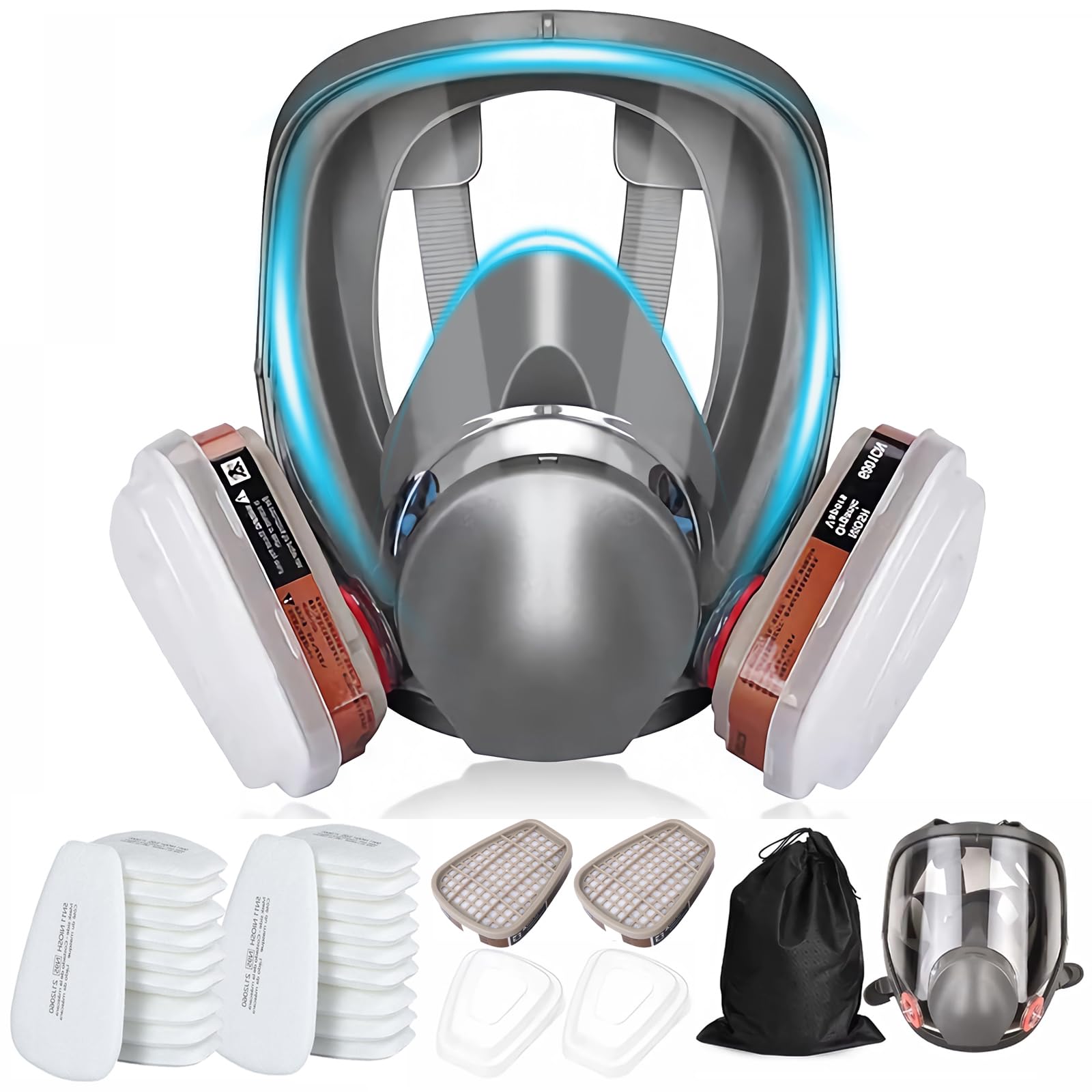 Maschera integrale 27 in 1, riutilizzabile, per vapori organici, gas acidi, umidità, pittura, lucidatura, protezione viso con 22 dischetti di cotone filtrabili, 2 cartucce