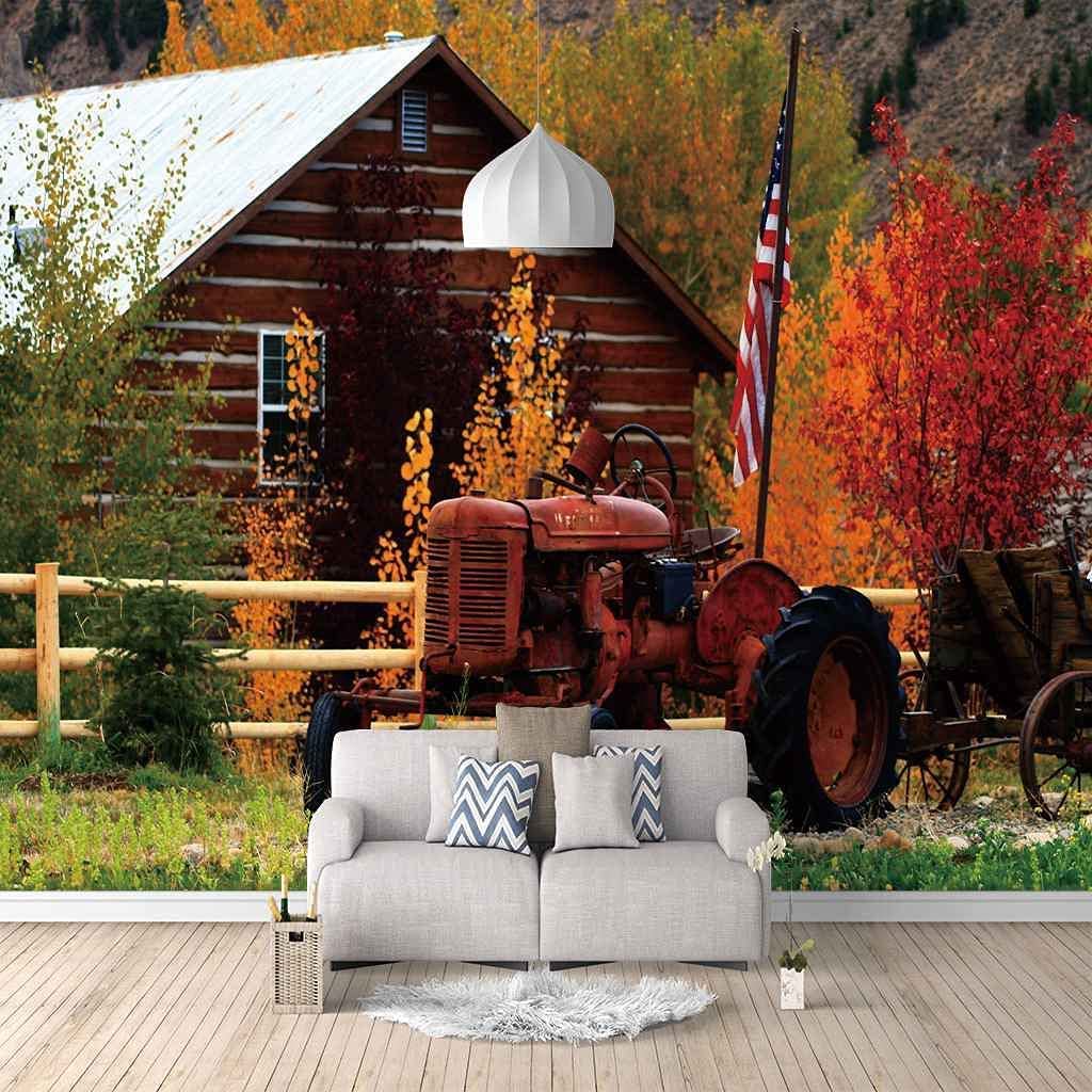 Tractor Rojo Retro Mural De Pared, Foto De Pared 3D Pelar Y Pegar Papel Pintado Autoadhesivo, Pegatina Removible Decoración Del Hogar Fondo De Tv Pintura De Pared Artística Grande Cartel 200x150 cm