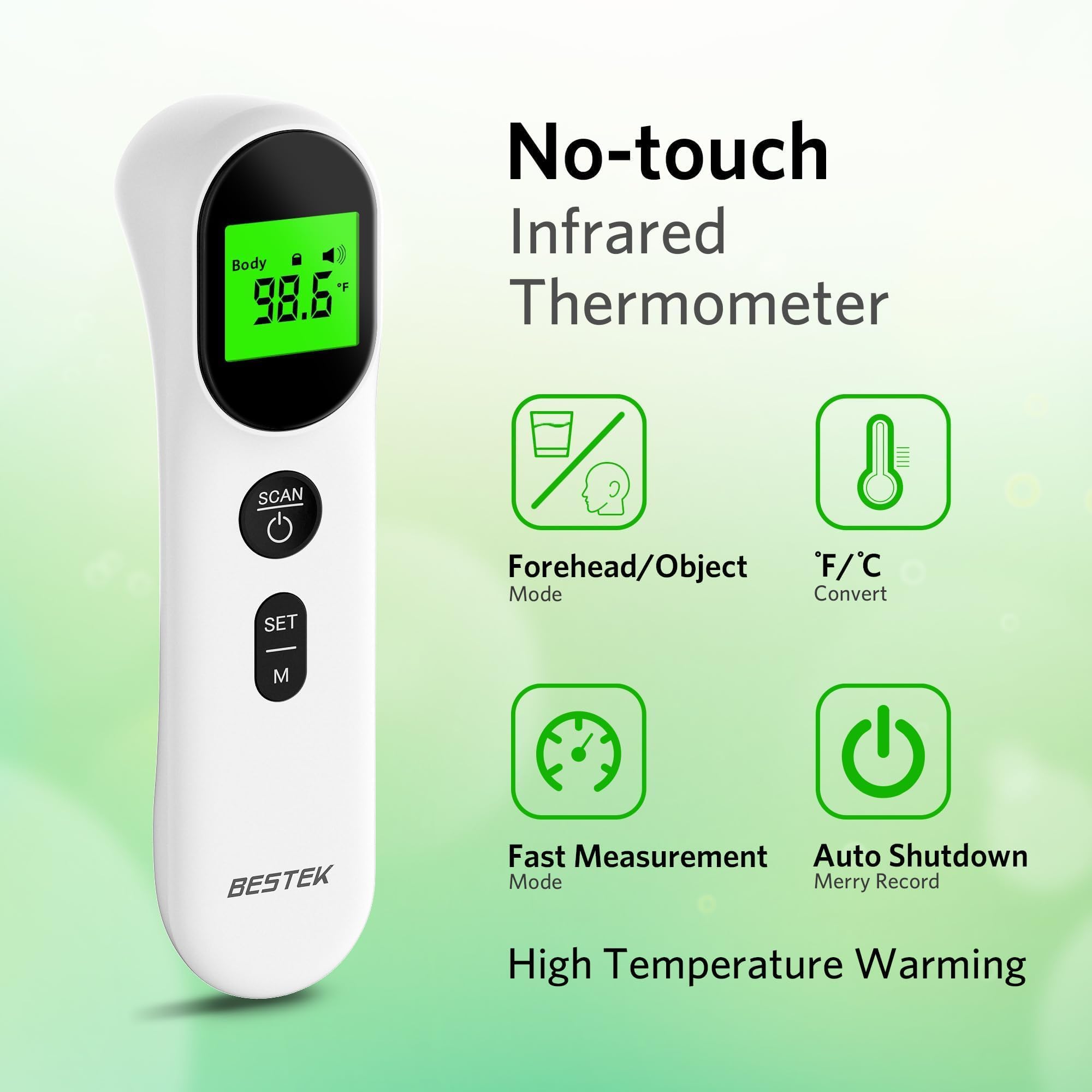 BESTEK Termometro Febbre Infrarossi Senza Contatto per Bambini e Adulti Bambini,Termometro Neonato Frontale Digitale Lettura Istantanea in 1 Secondo, Accesso Rapido alla Memoria, Display LCD