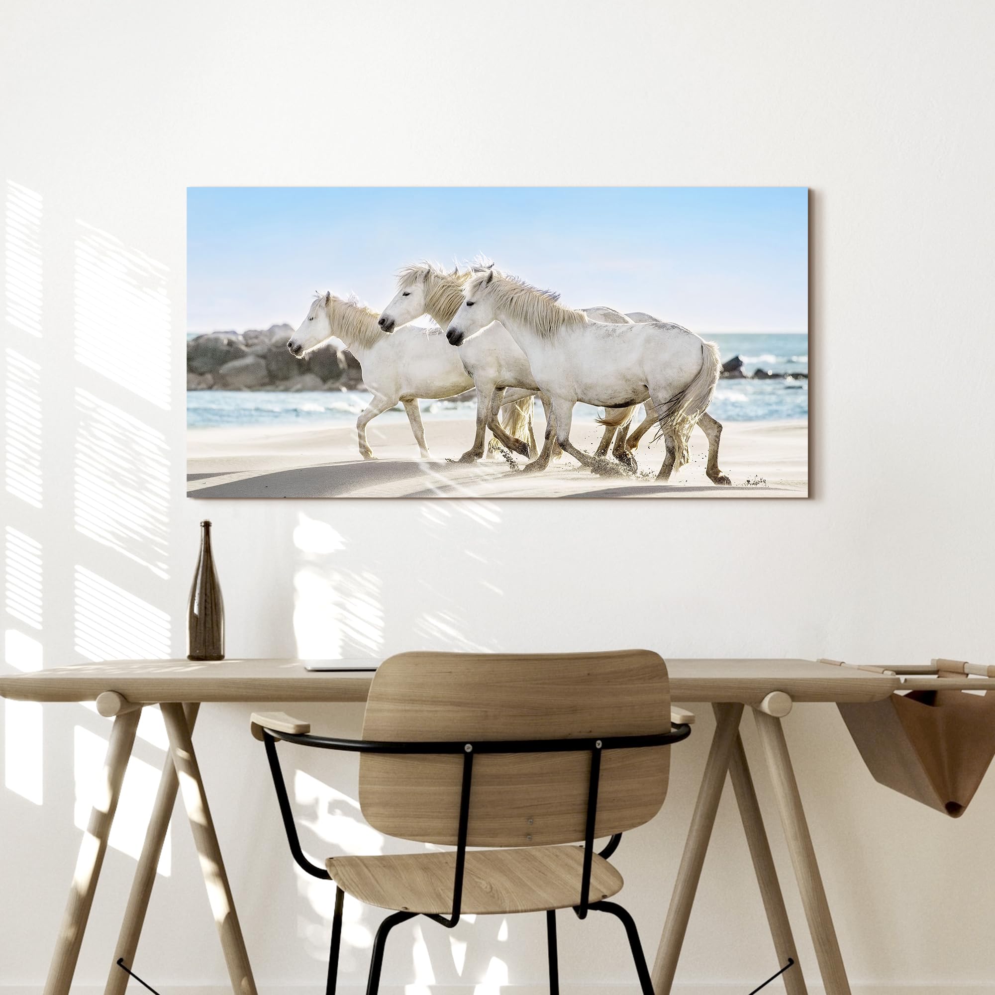 CTLL-White Horse Wall Art Canvas: Western Animal Canvas Picture Running Wild Horses Print Horizontal Beach Wildlife Artwork Decor Bedroom Office Livin-810920
