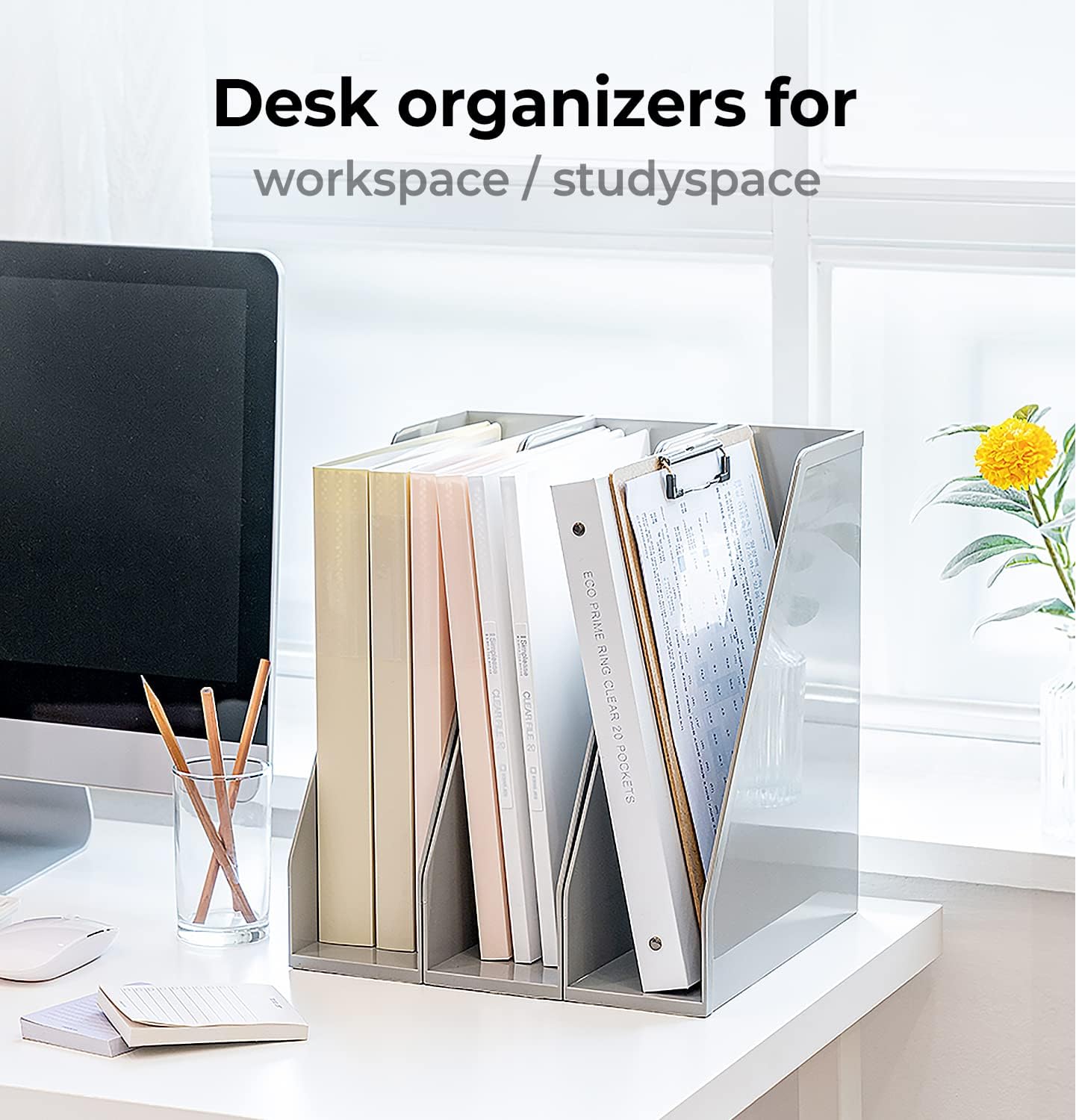 carrotez Open Front Magazine File Holder, Plastic Magazine Rack, Vertical File Organizers for Desk, Office Organization Essentials, 10.8" x 3.7" x 12.6" - 2 Pack, Grey