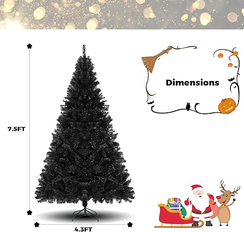 Miniatura 6 de Árbol de Halloween artificial negro de 7.5 pies, sin luz, árbol de Navidad de abeto con bisagras de alta calidad con 1346 puntas de ramas y soporte