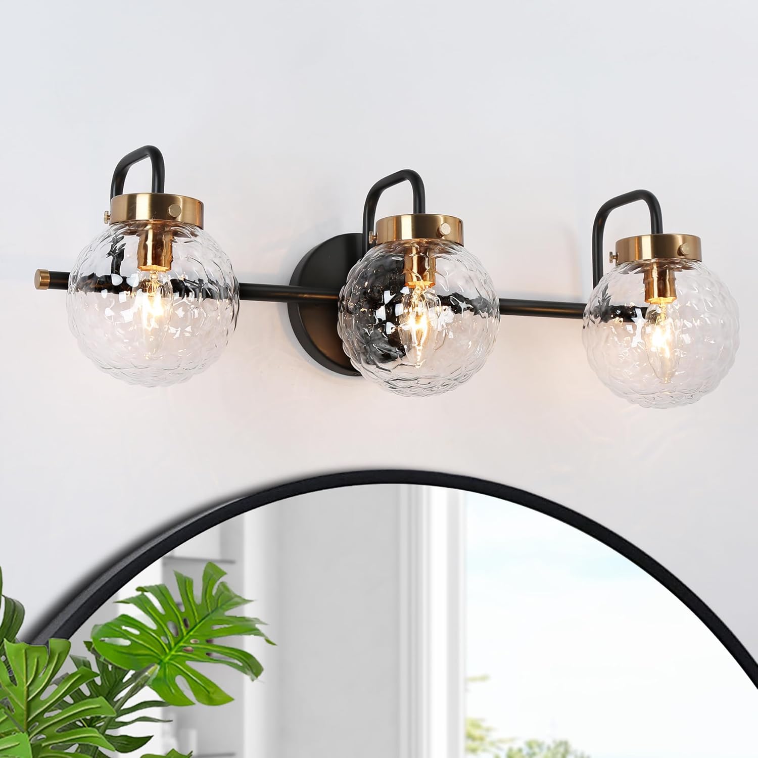 KSANA Black Bathroom Vanity Light Fixtures, Modern Farmhouse 3-Light Black Gold Vanity Lighting with Textured Glass Over Mirror