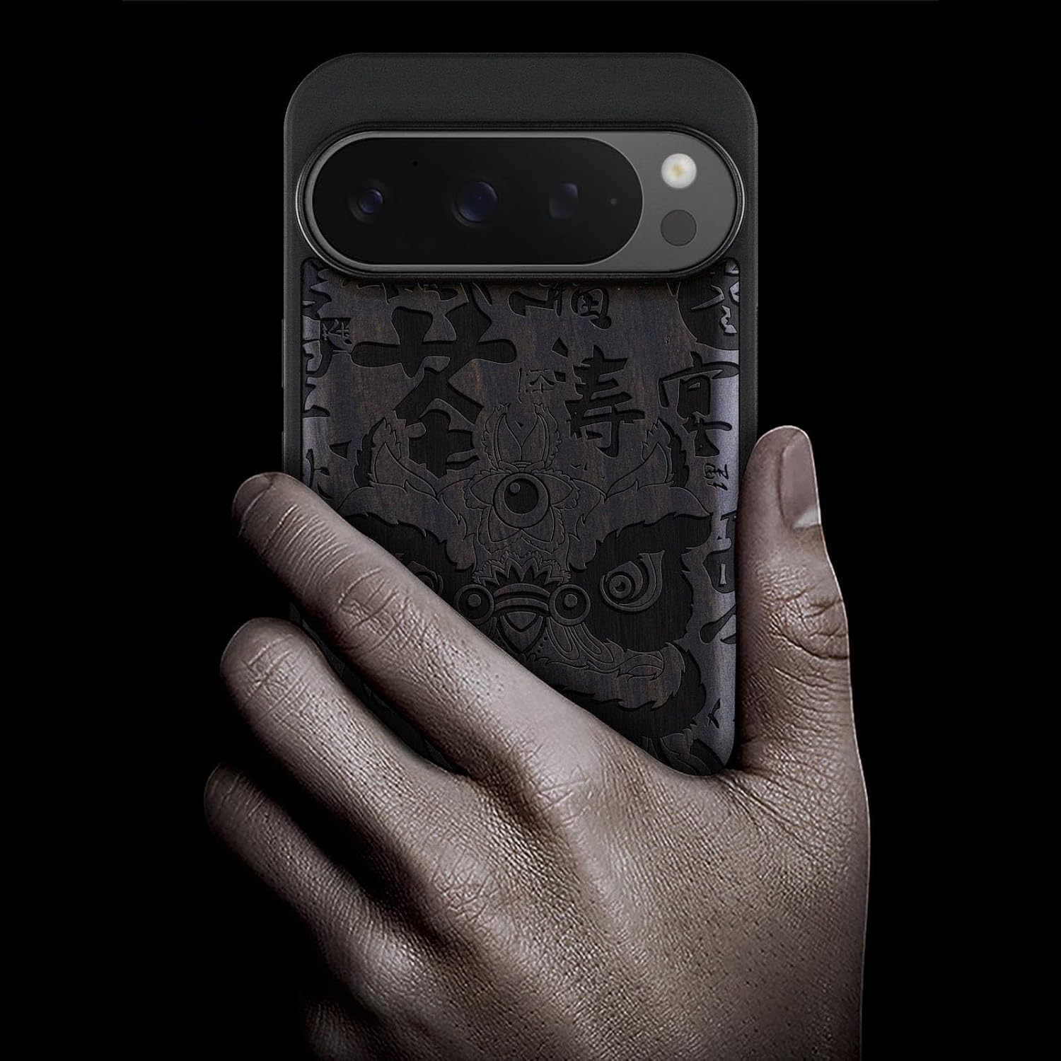Carveit Magnetic Wooden Case for Pixel 9 Pro Google 9 Pro Case, Wood Artisan Engraved & Soft TPU Shockproof Cover, Compatible with MagSafe Wireless Chargers (Chinese Lion Dance) Blackwood
