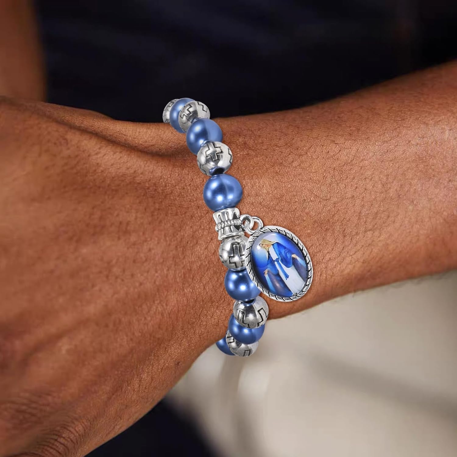1Pcs Blue Rosary Bracelet With Miraculous Medal and Crucifix Durable Elegant Wrist Jewelry Valentine’s Day Birthday Bracelet Jewelry for Women - Image 5