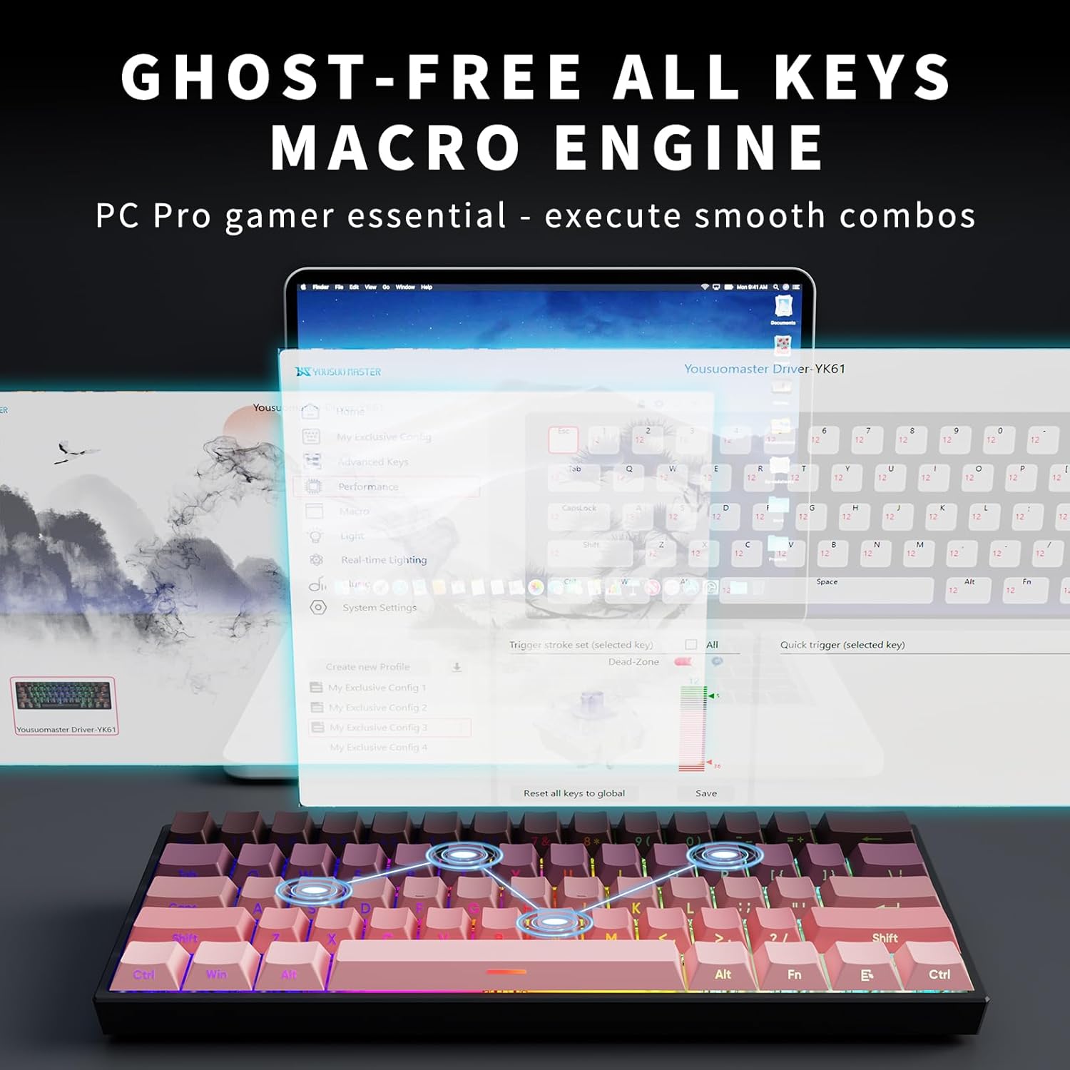 Screenshot of the YOUSUOMASTER YK61 driver software interface, showing options for key mapping, macro definitions, and RGB lighting customization.